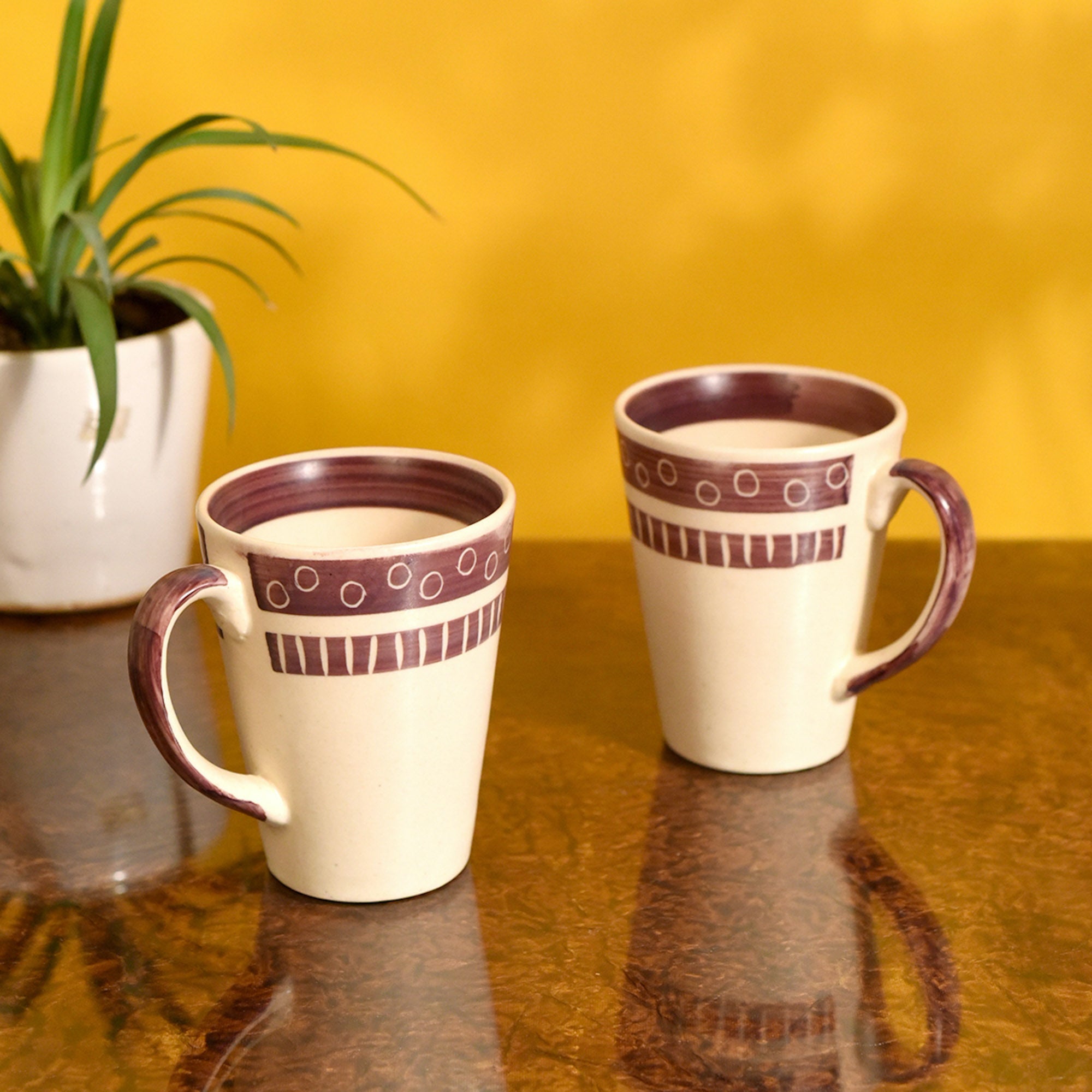 ART CREATIONS BY SUMAN SONTHALIA Beige - Mug Ceramic Magenta Polka (Set of 2) (4x3.2x4.1)