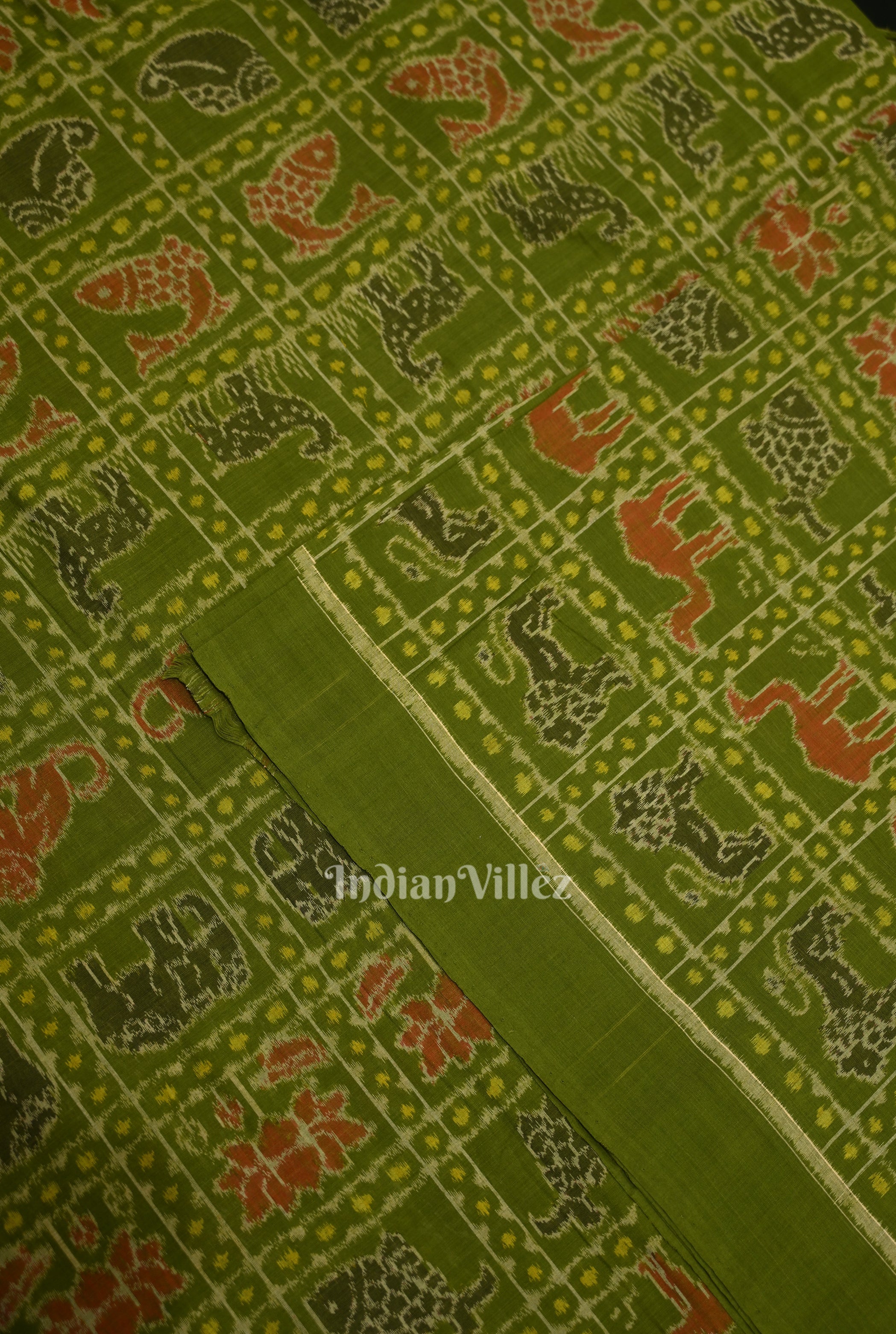 IndianVillèz Green Animal Kothi Sambalpuri Ikat Cotton Fabric - view 2