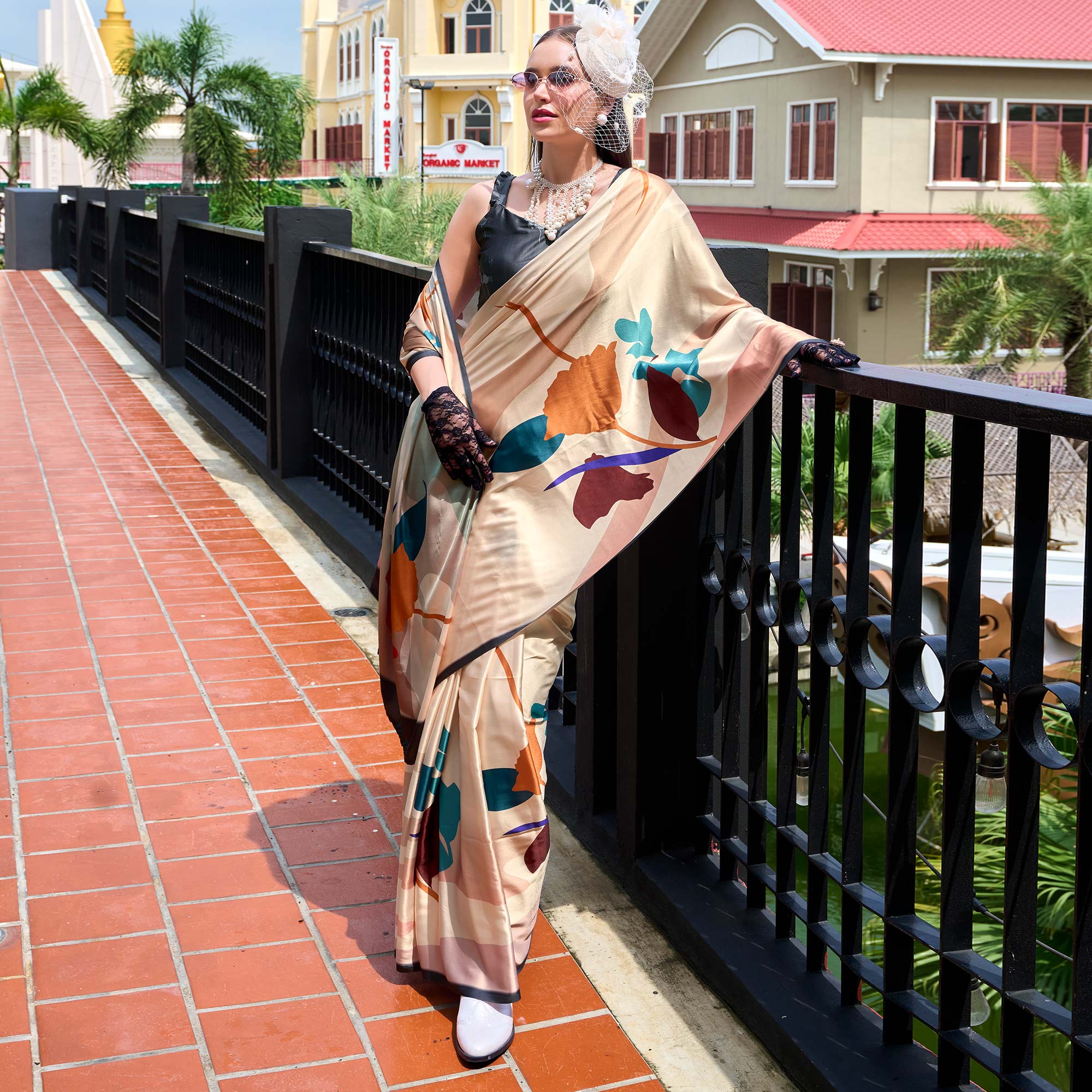 Peachmode Cream Floral Digital Printed Pure Satin Saree - view 4