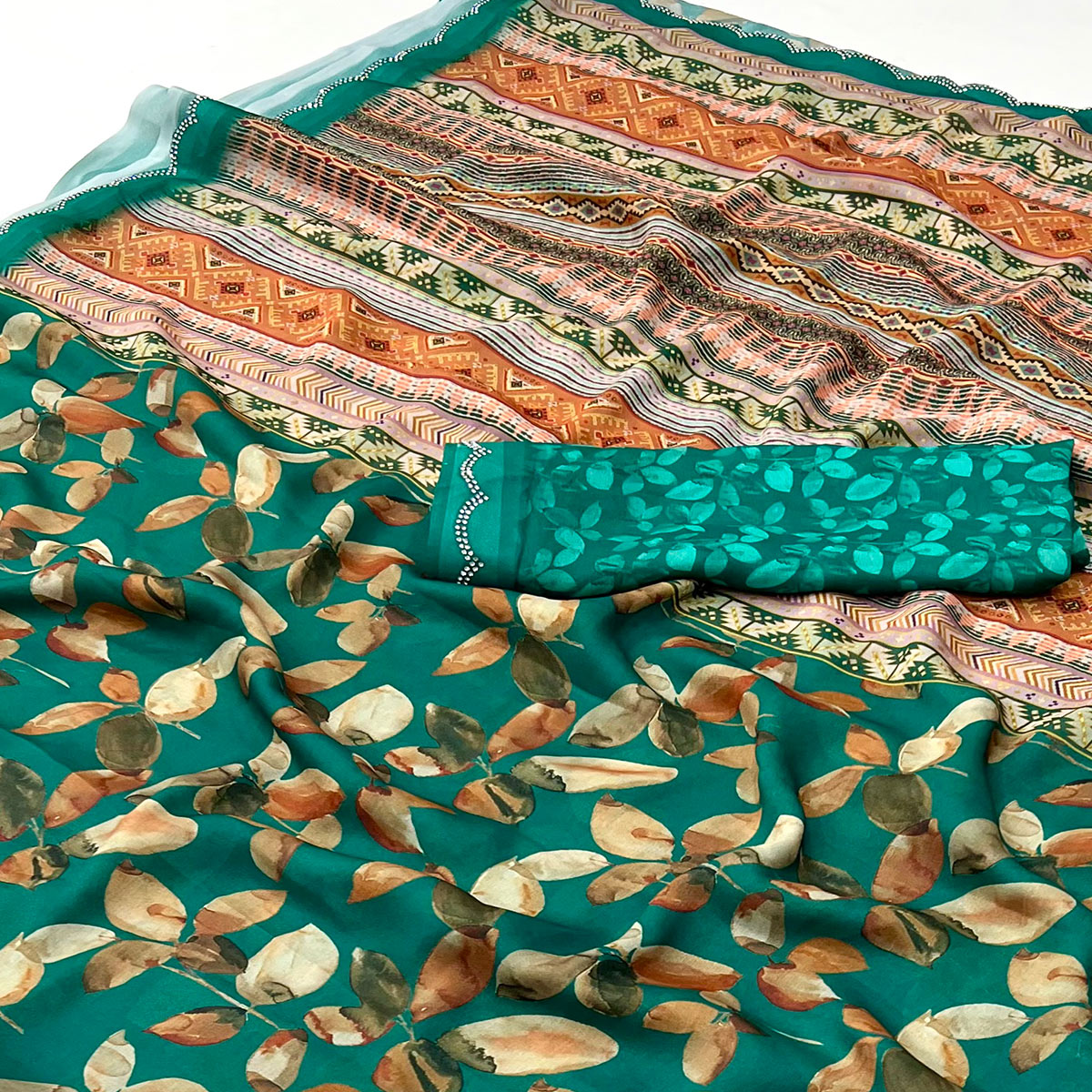 Peachmode Rama Green Floral Digital Printed Georgette Saree With Stonework Border - view 2