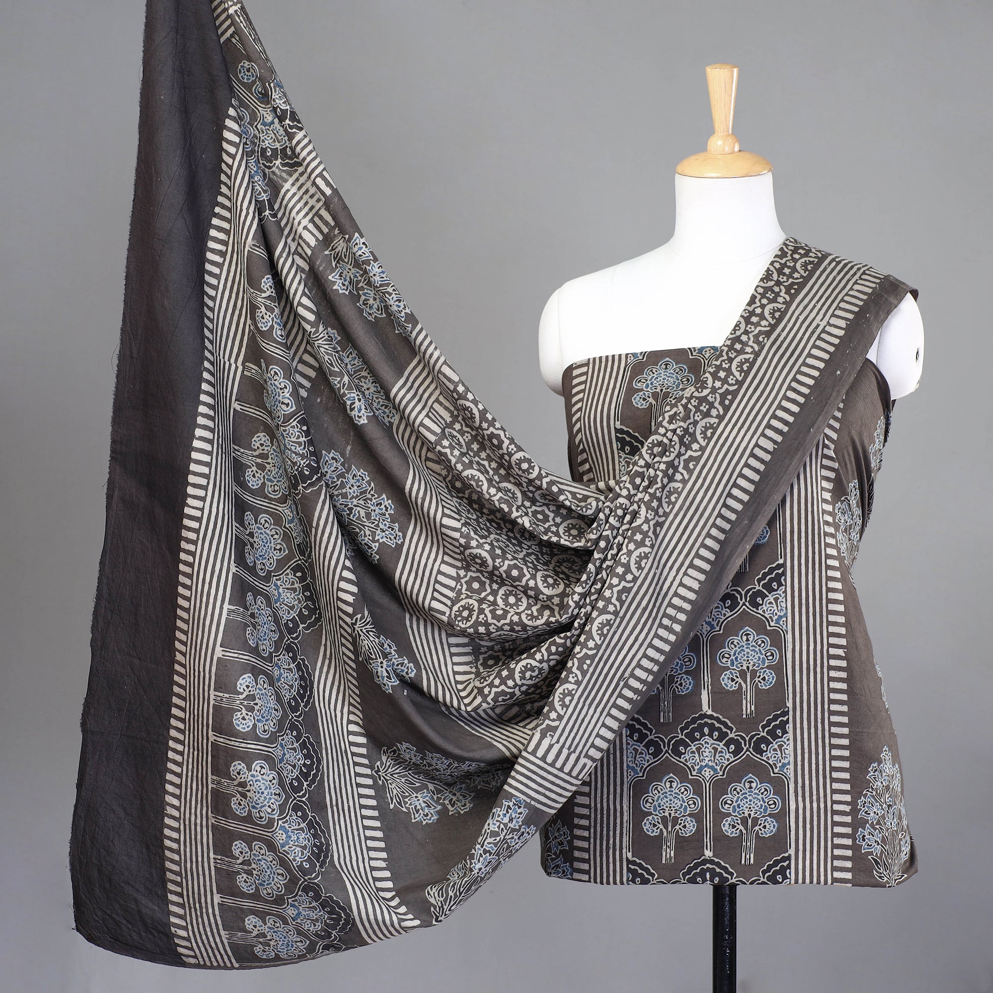 KACHCHH JI CHHAAP Brown - 3pc Ajrakh Hand Block Printed Cotton Suit Material Set