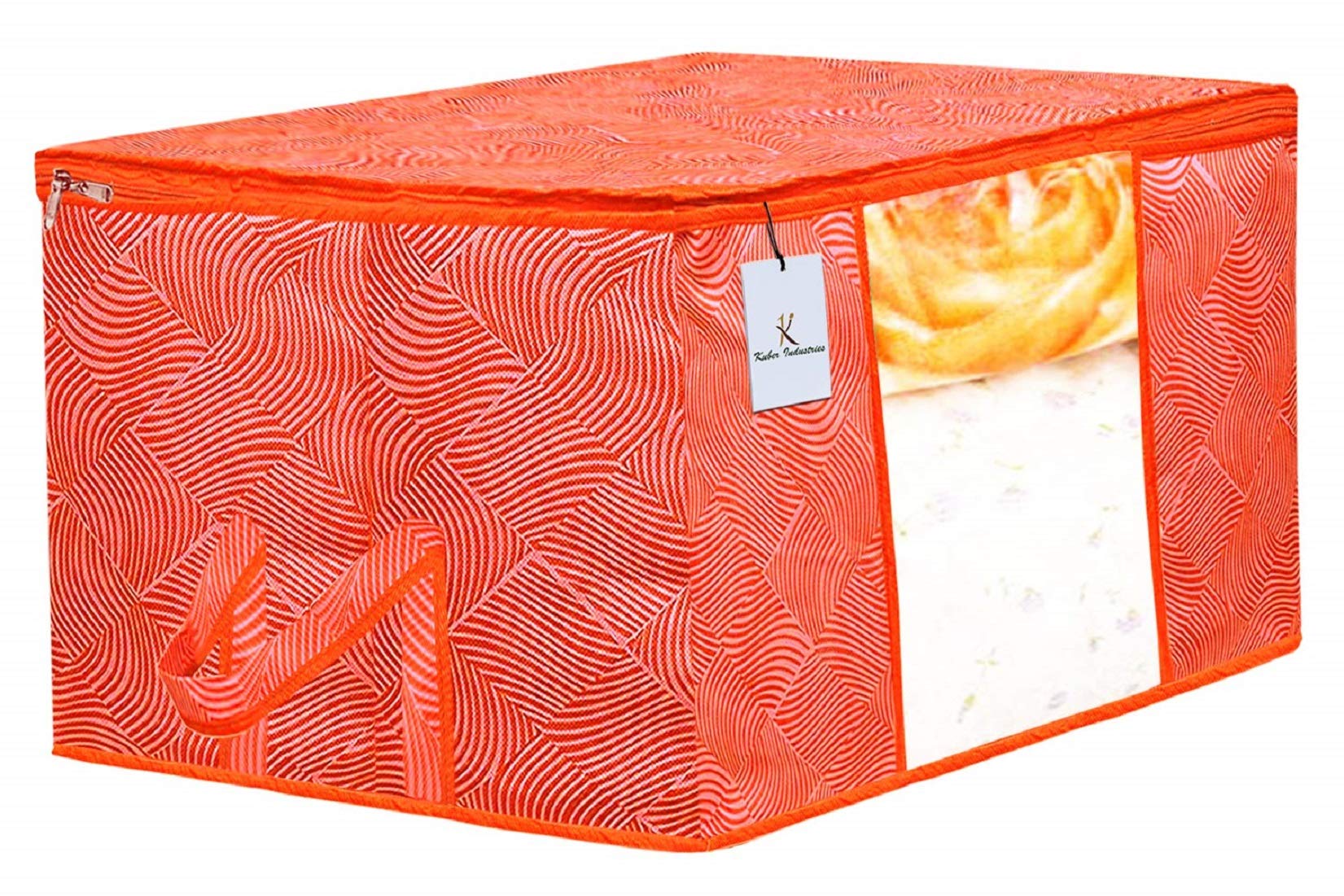 Kuber Industries Leheriya Printed 2 Piece Non Woven Fabric Underbed Storage Bag,Cloth Organiser,Blanket Cover with Transparent Window, Orange & Blue - - view 4