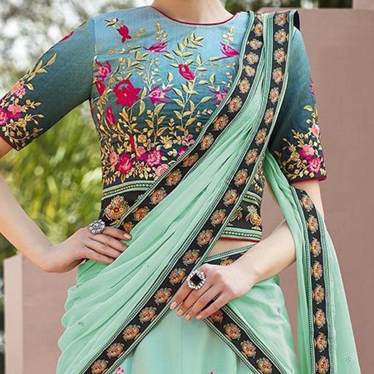 Peachmode Eye-Catching Mint Green Colored Designer Partywear Embroidered Silk Lehenga Choli - view 2