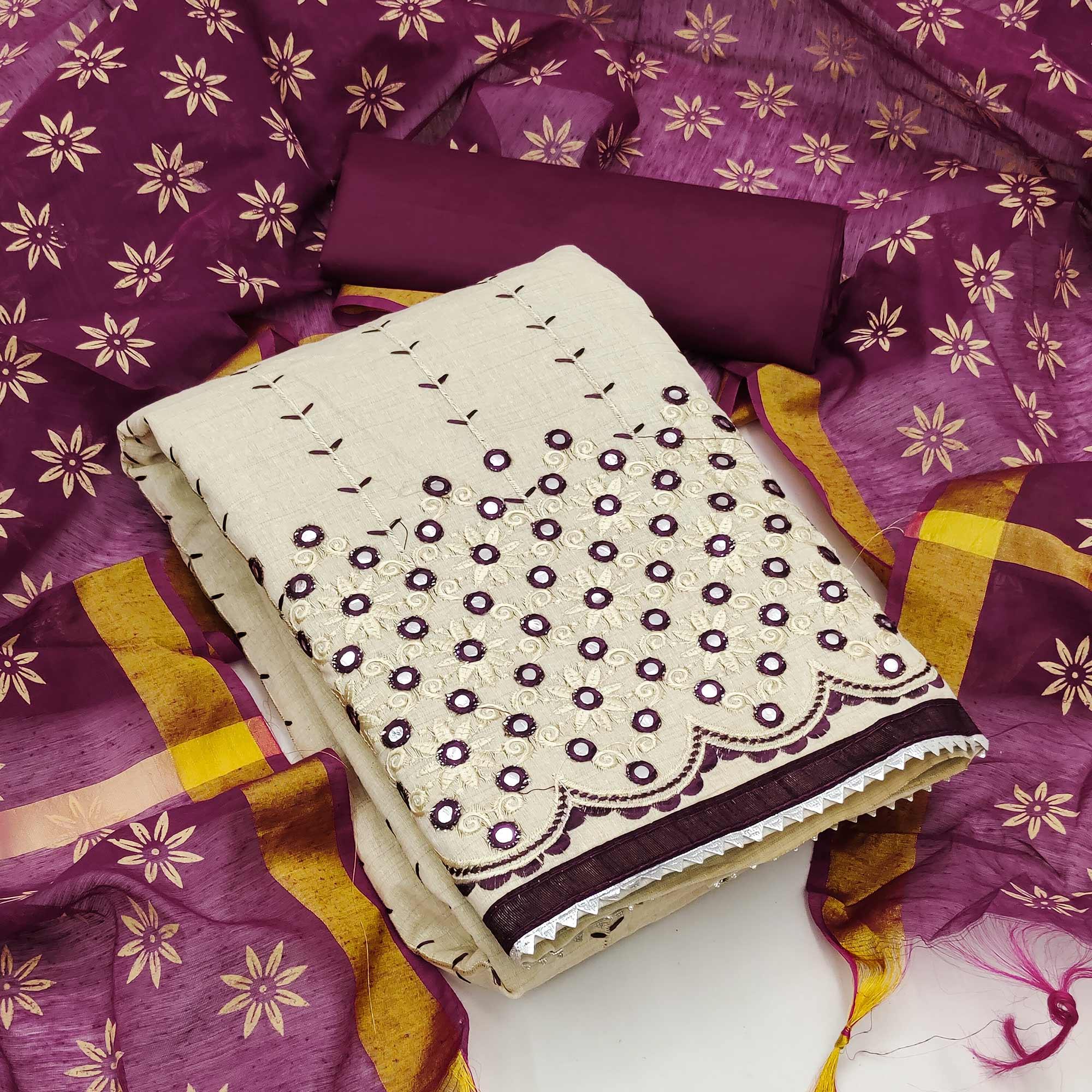 Peachmode Cream - Wine Festive Wear Embroidery With Mirror Work Cotton Dress Material