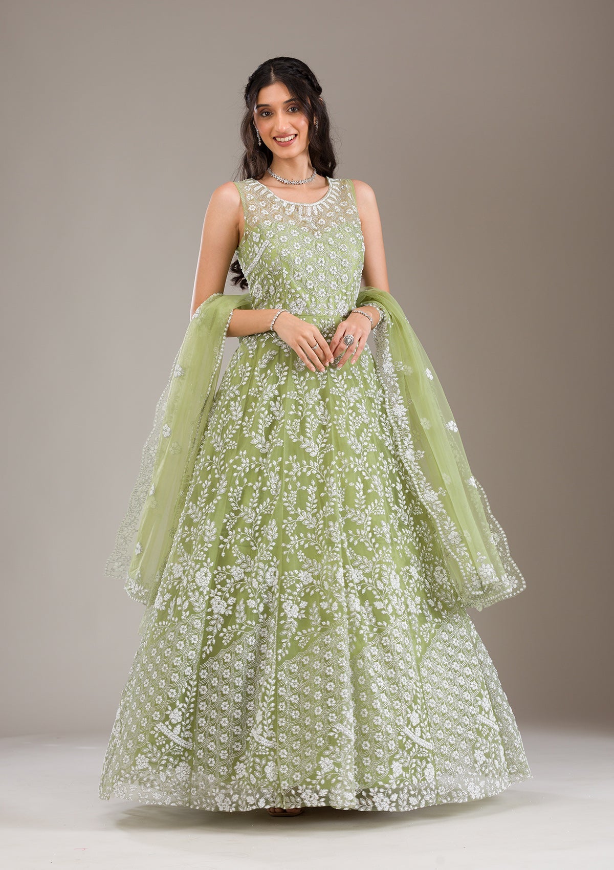 Koskii Pista Green Pearlwork Net Gown