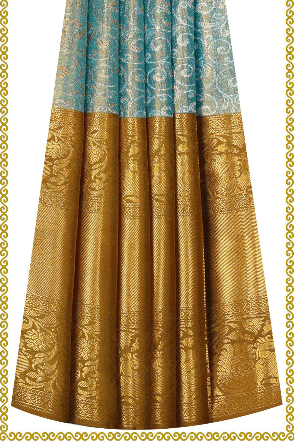 Kalanjali Kanchipattu Blue Tissue Pavada Unstitched Set