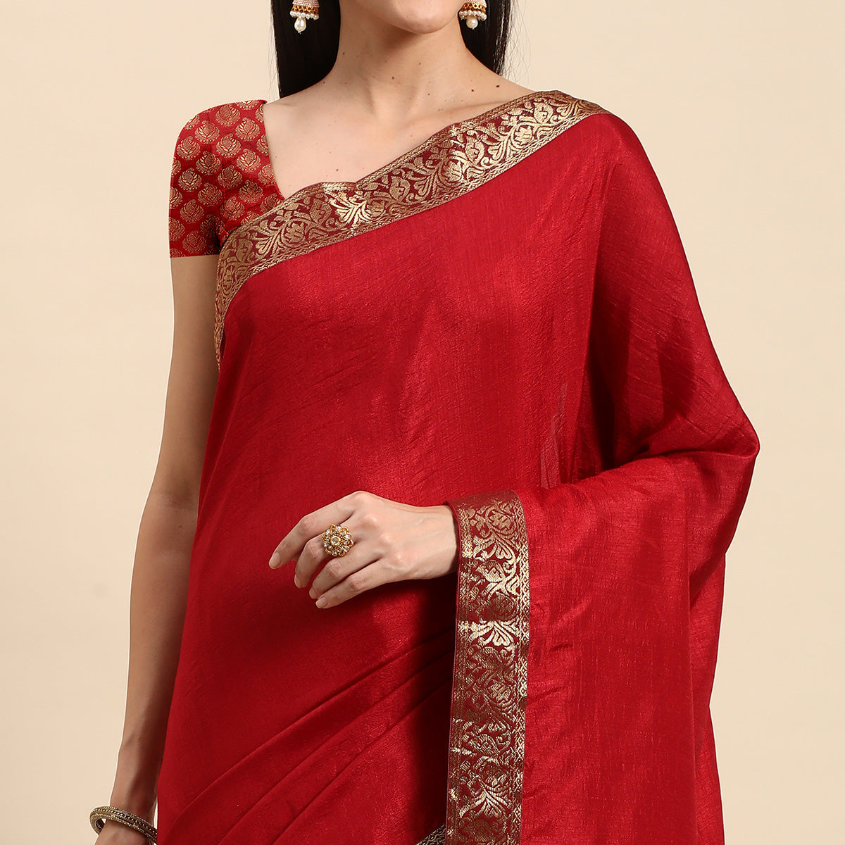 Peachmode Maroon Solid Vichitra Silk Saree With Fancy Zari Border - view 3