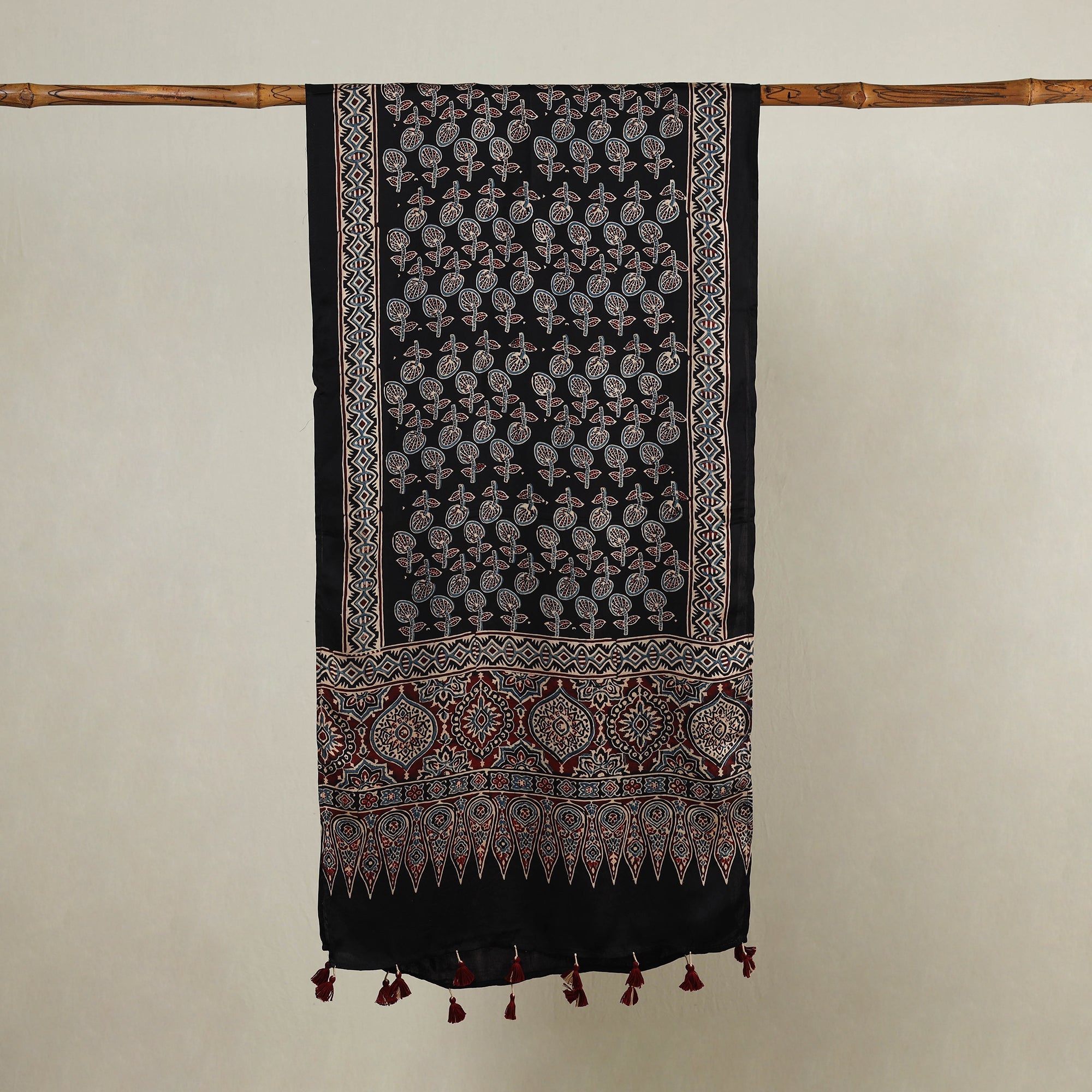 RIYAZ ABDULMAJID KHATRI - AJRAKH Black - Ajrakh Hand Block Printed Modal Silk Stole with Tassels - view 2