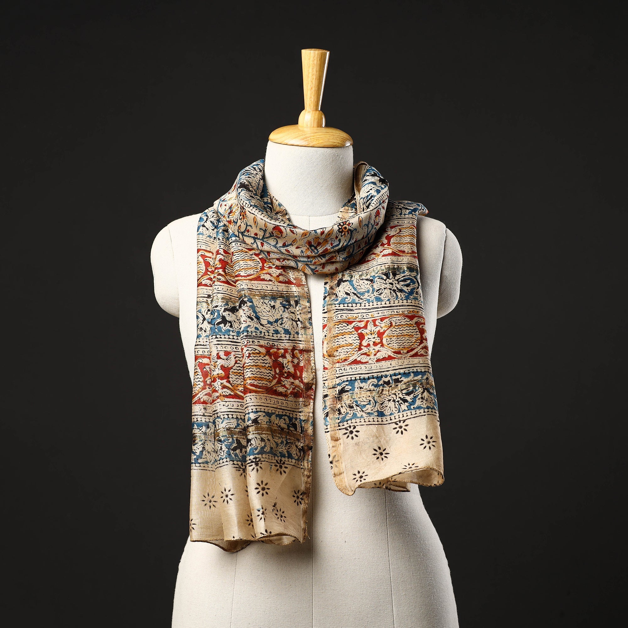 SOUTH KARGHA Beige - Pedana Block Print Chanderi Silk Kalamkari Stole 07