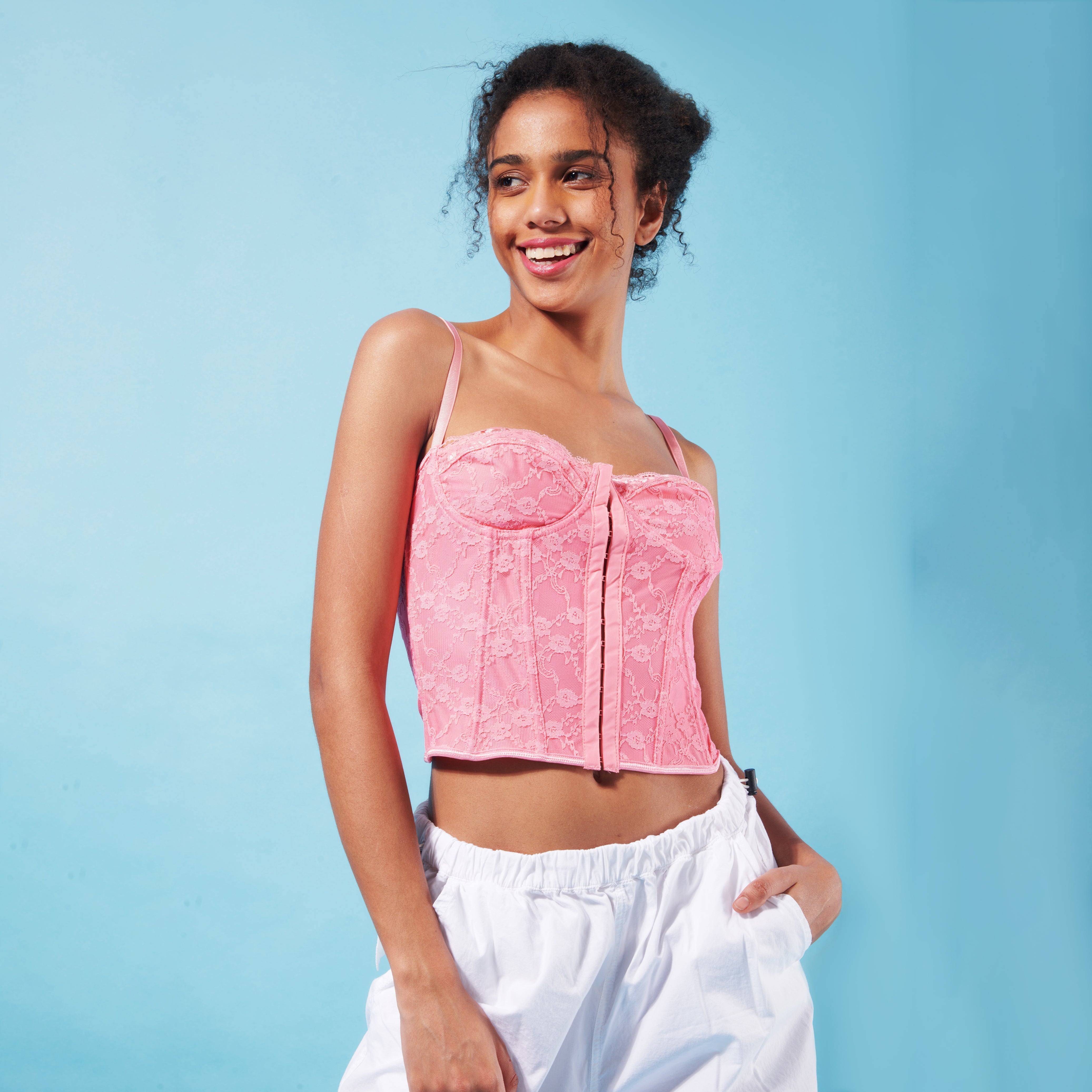 I Z F Pink Lace Corset Top & White Parachute Pants - view 2