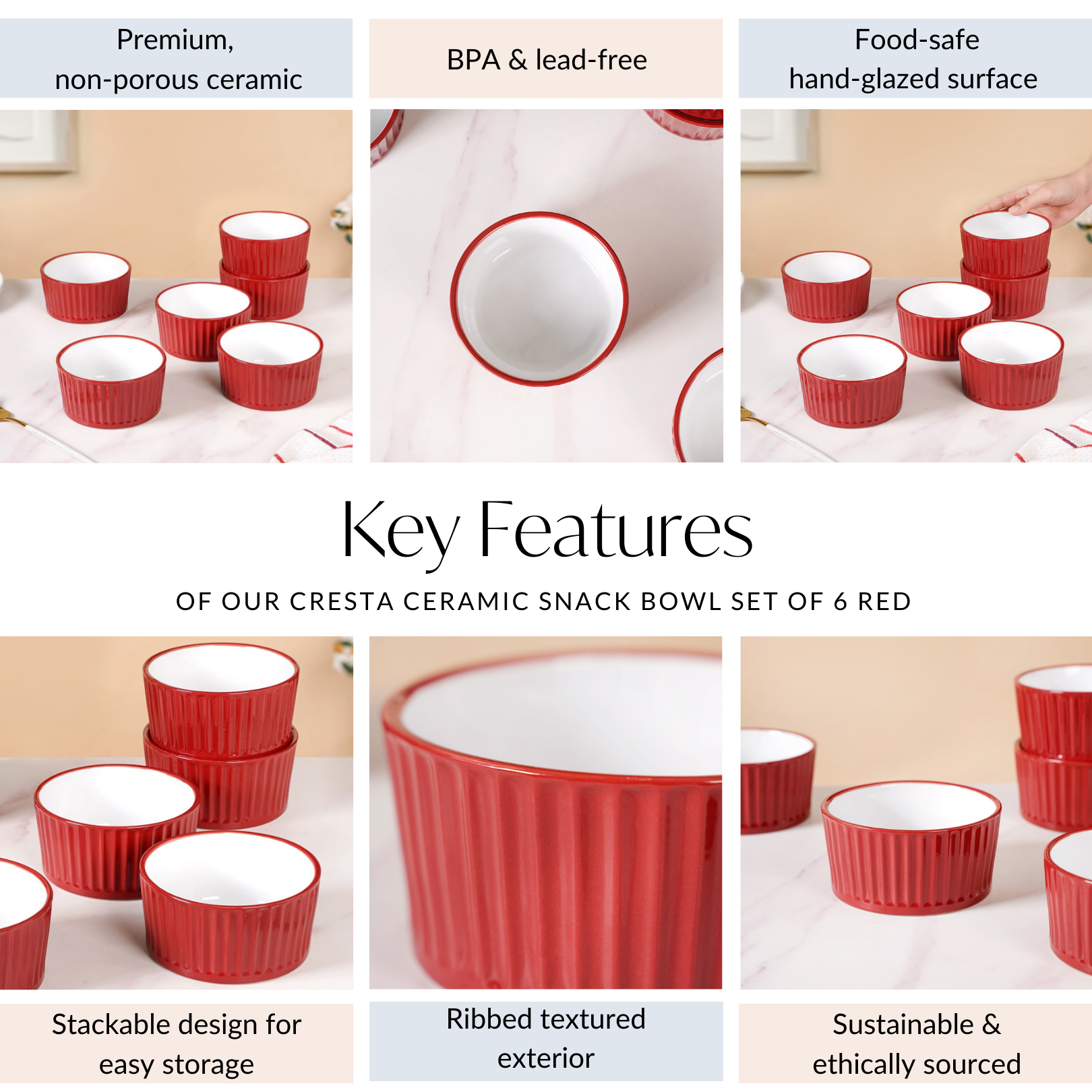 Nestasia Cresta Ceramic Snack Bowl Set Of 6 Red 400ml - view 5