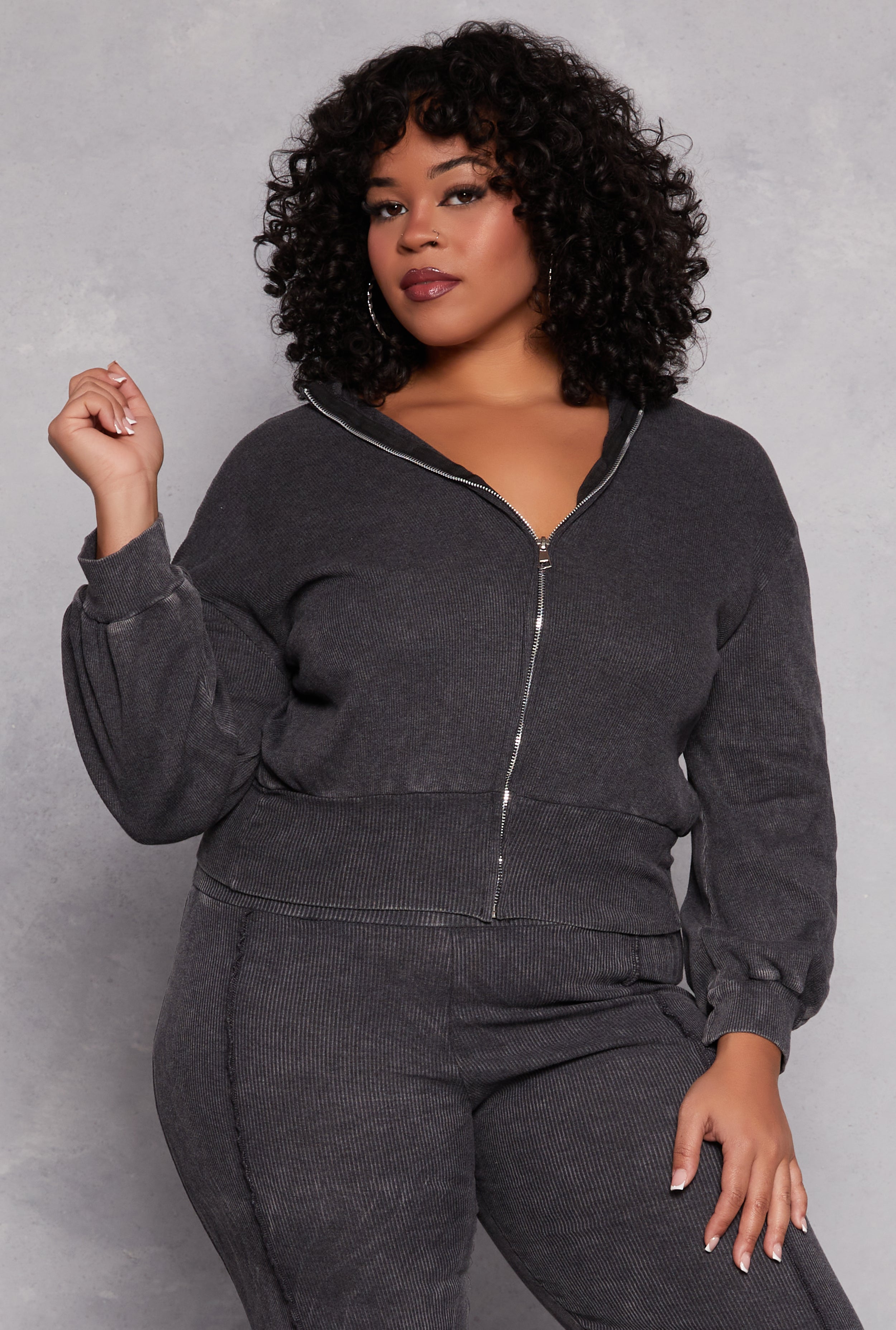 Rainbow Shops Plus Size Acid Wash Zip Front Top