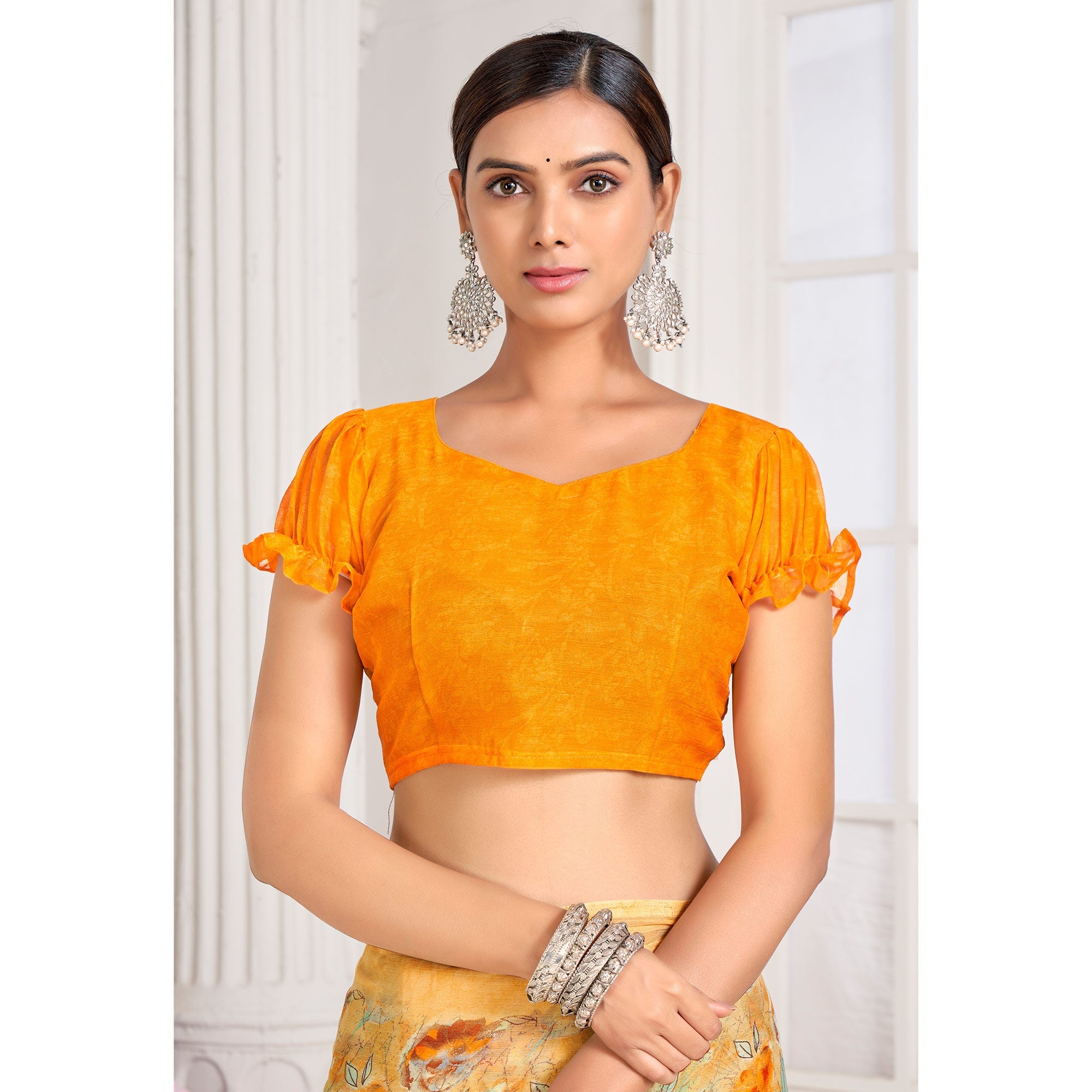 Peachmode Light Yellow Floral Printed Chiffon Saree - view 3