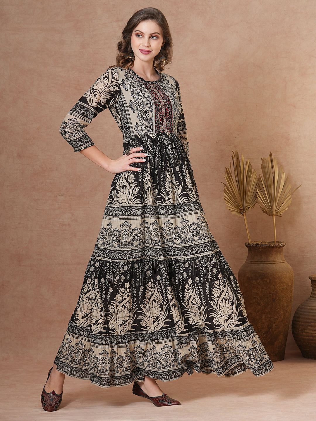 FASHOR Ethnic Floral Printed & Embroidered A-Line Pleated Tiered Maxi Dress - Brown