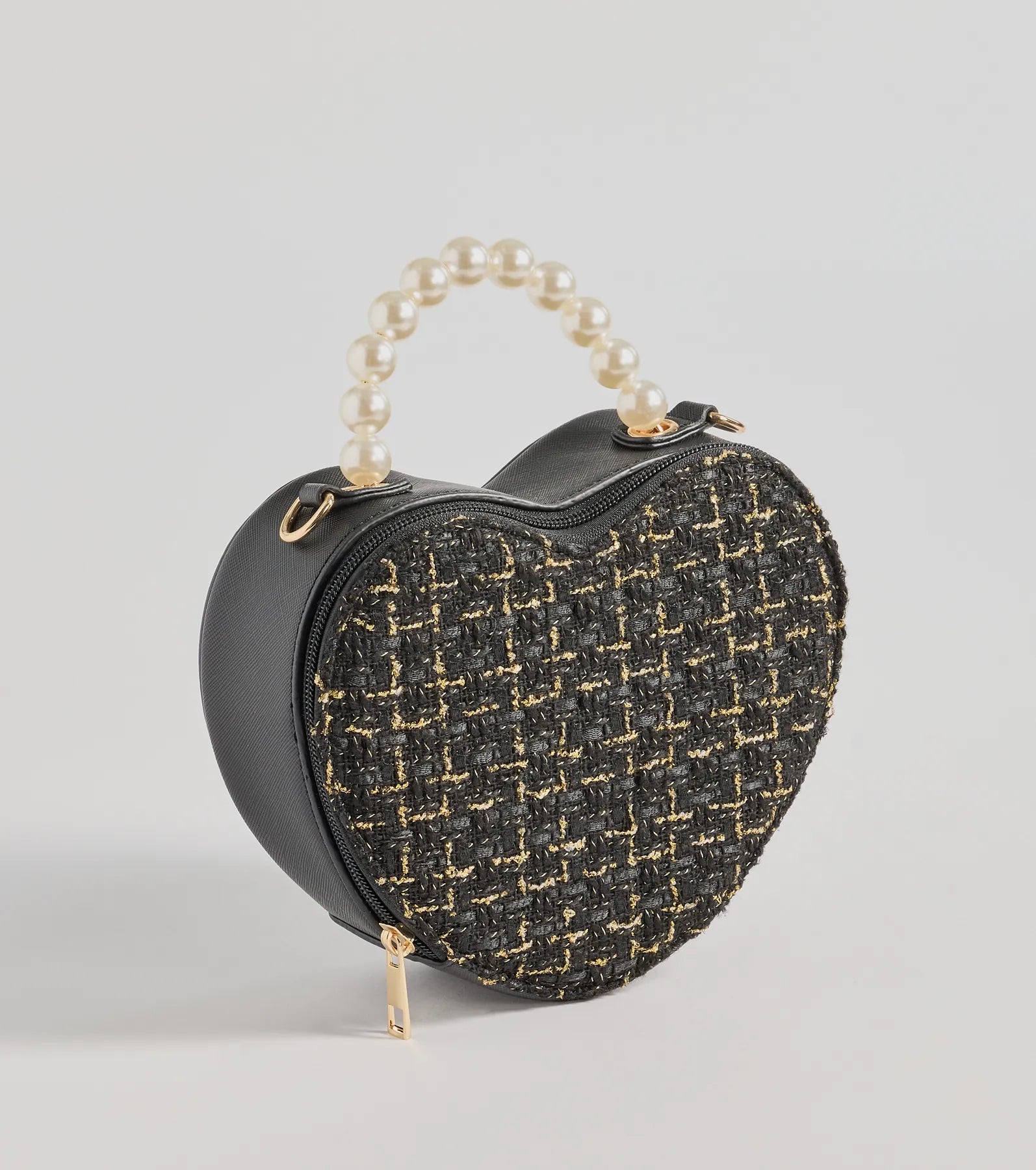 Windsor Fab Icon Houndstooth Tweed Heart Bag – BLACK