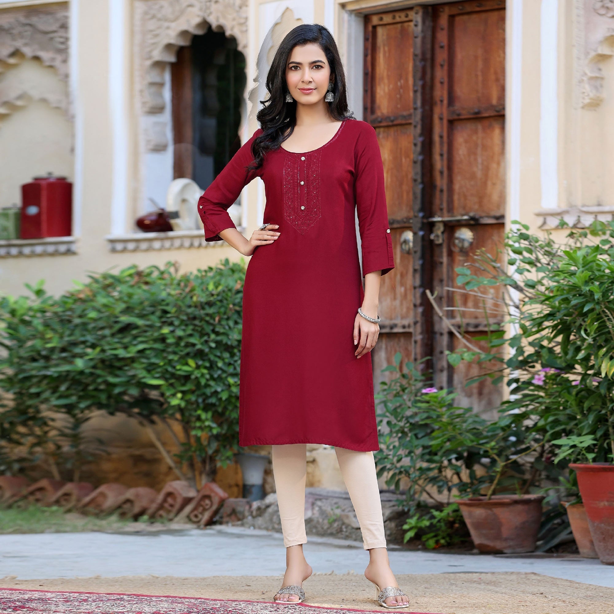 Peachmode Maroon Embroidered Rayon Kurti – Women's