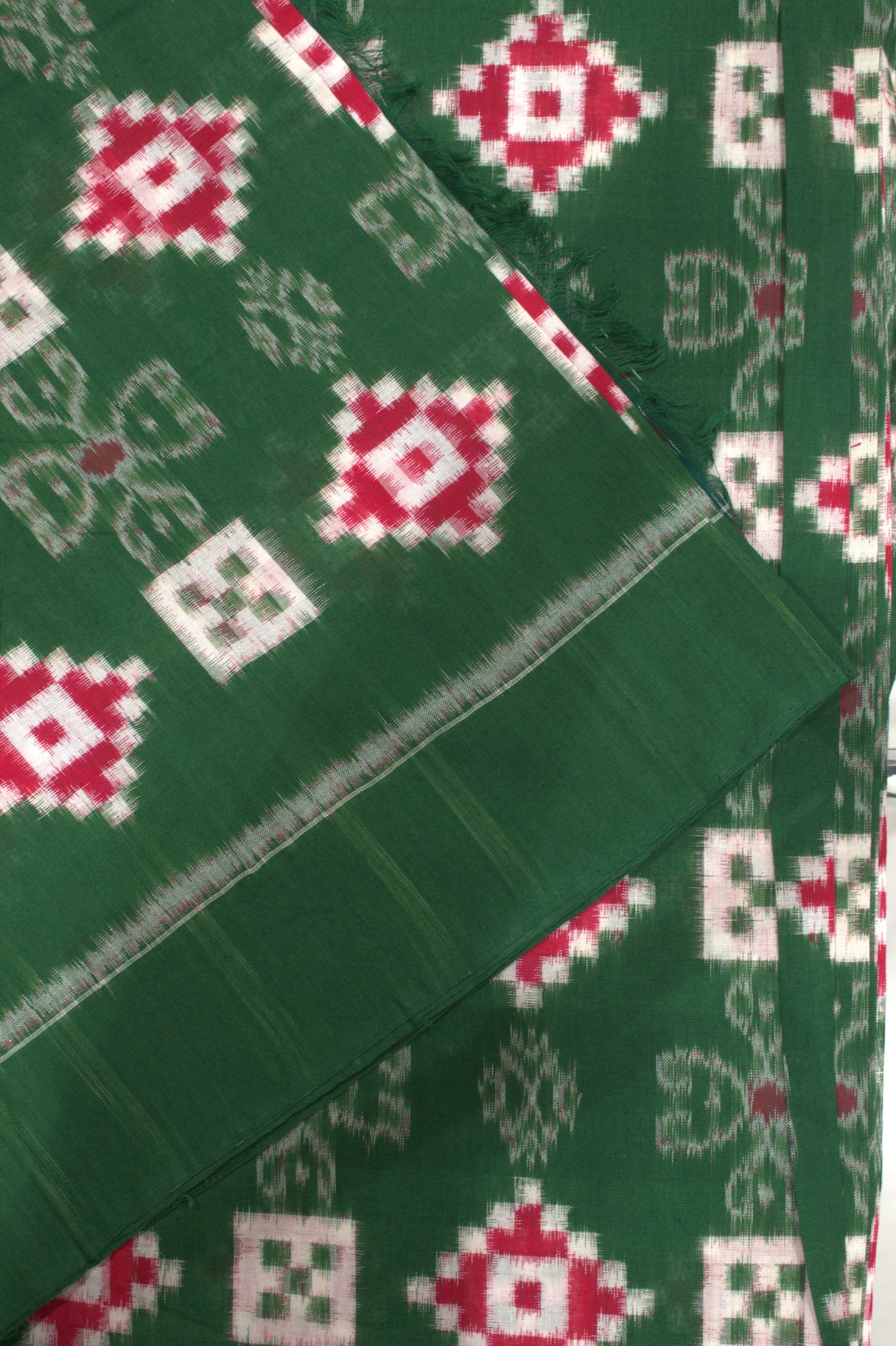 IndianVillèz Dark Green With Red Pasapalli Theme Sambalpuri Cotton Fabric - view 2