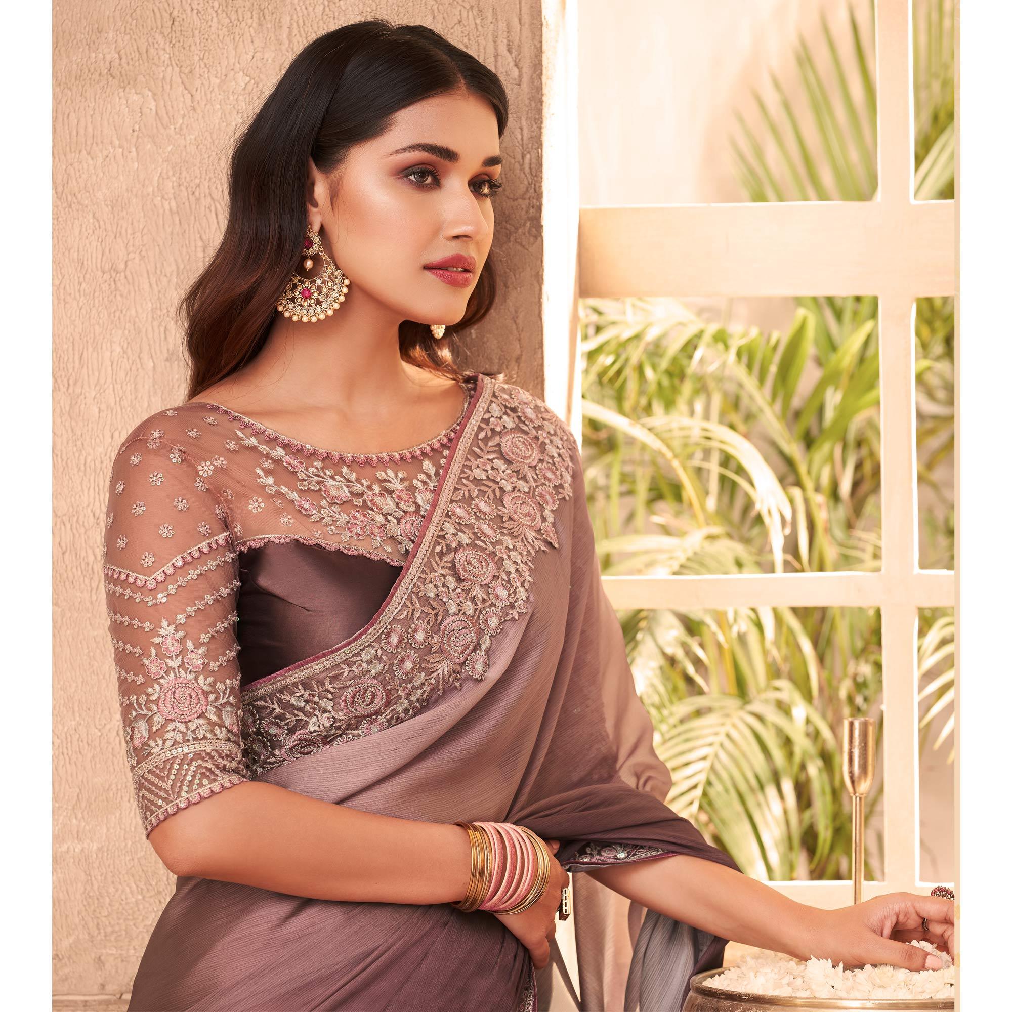 Peachmode Brown Nude Partywear Embroidered Silk Saree - view 4