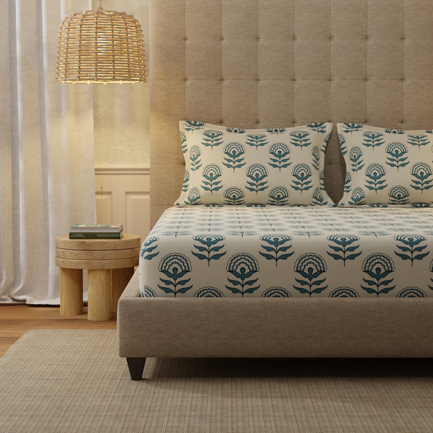 Urban Space -Home Furnishing Store Serene 200 TC 100% Cotton Bedsheet with Pillow Covers - Florabell Blue