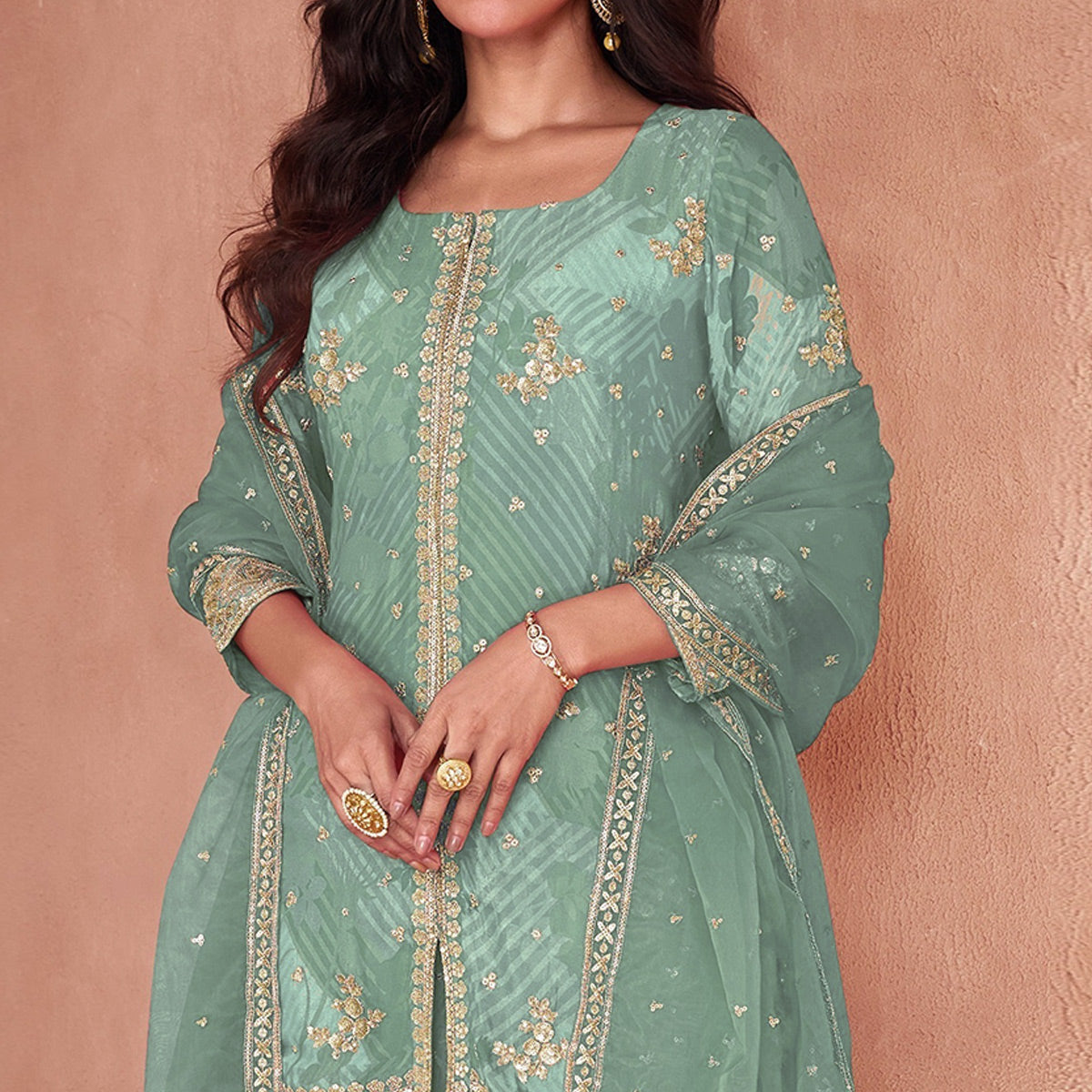 Peachmode Seller Dusty Green Sequins Embroidered Georgette Sharara Suit - view 2