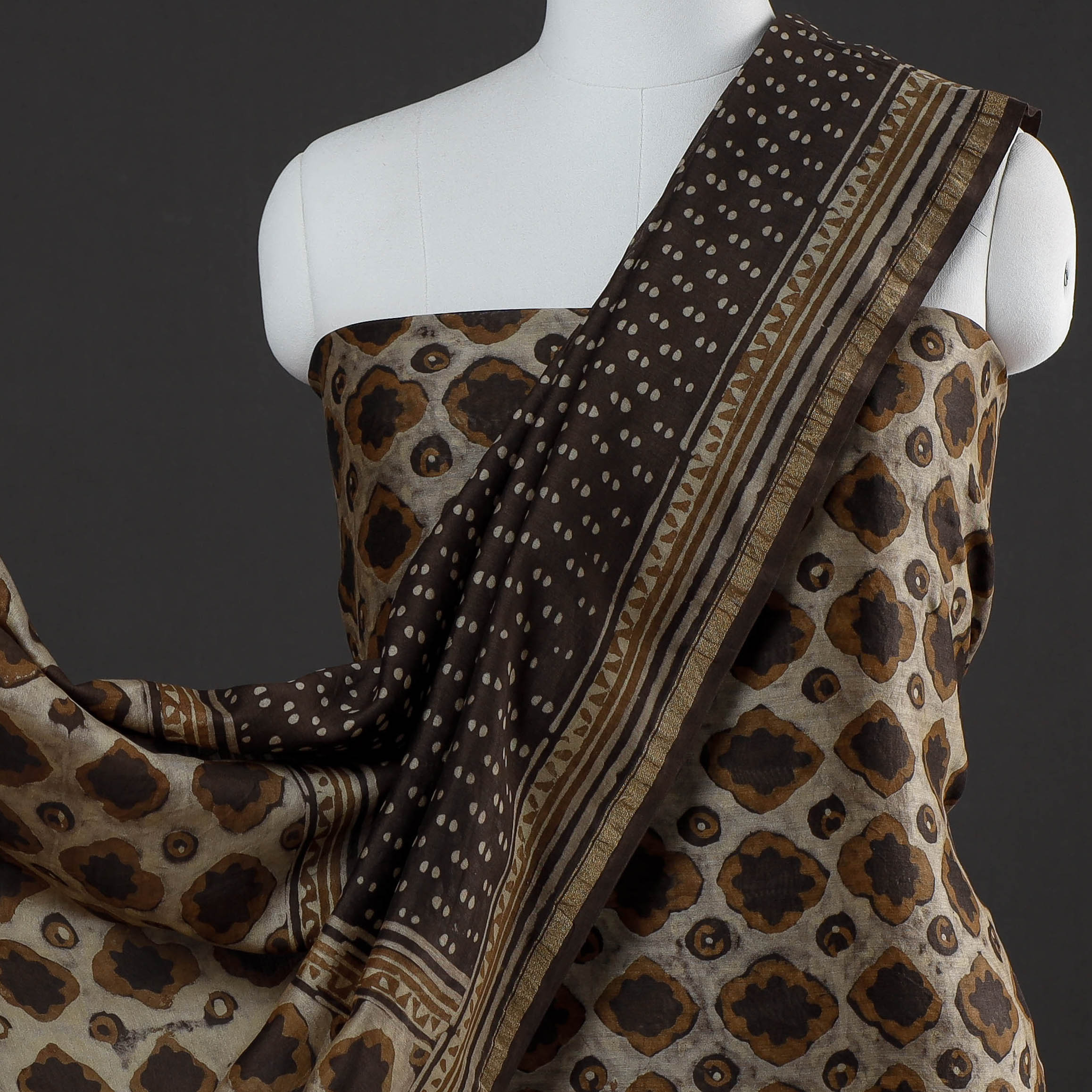 HAVELI CHRONICLES Brown - 3pc Akola Block Printed Chanderi Silk Suit Material Set - view 3