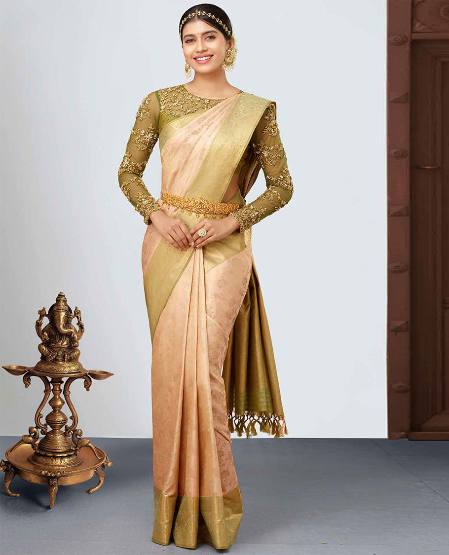 TheShoppothys Sandal jacquard kancheepuram wedding silk saree, contrast floral vine zari border & pallu of intricate designs
