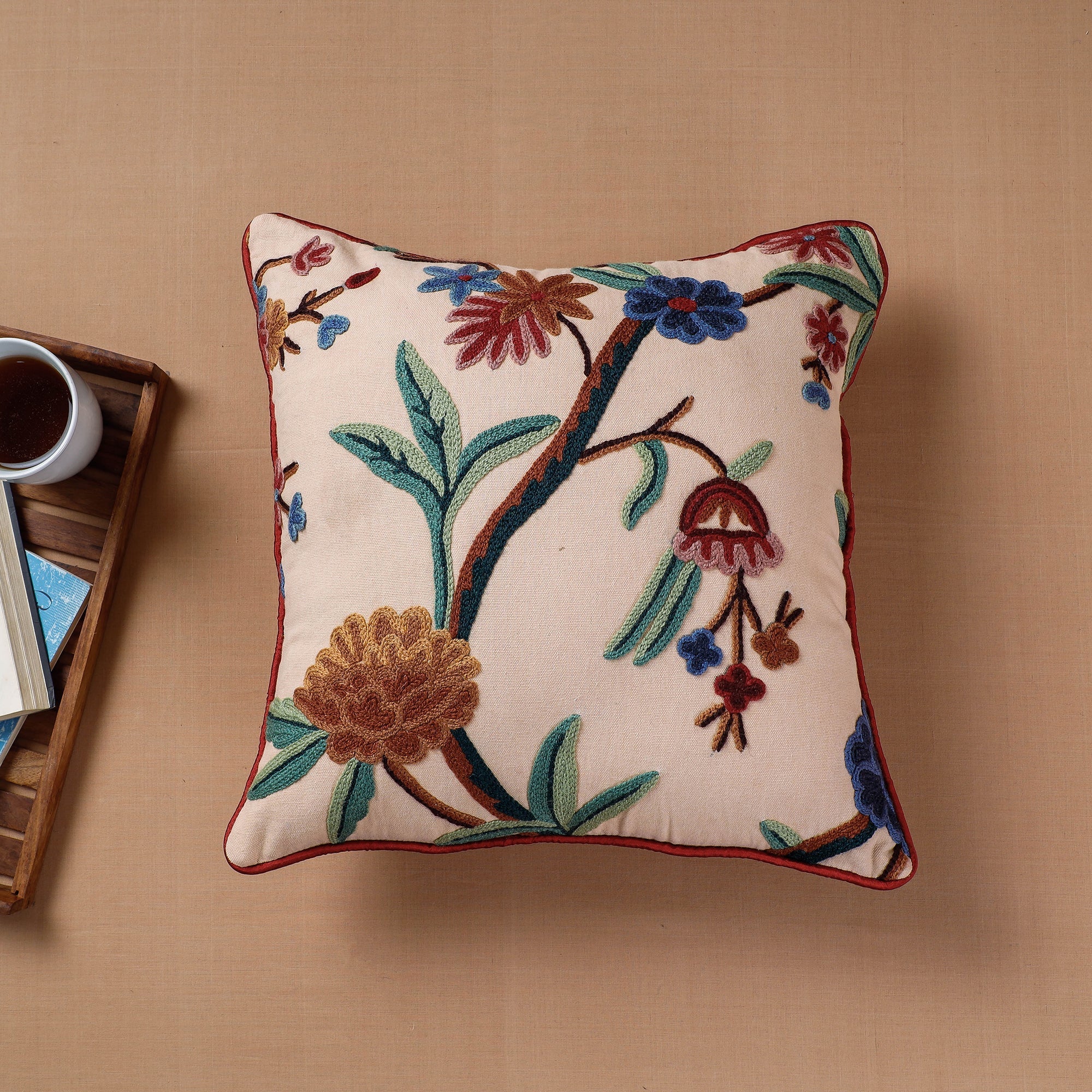 ITOKRI CRAFTS INITIATIVE Beige - Aari Hand Embroidery Cotton Duck Cushion Cover (16 x 16 in)