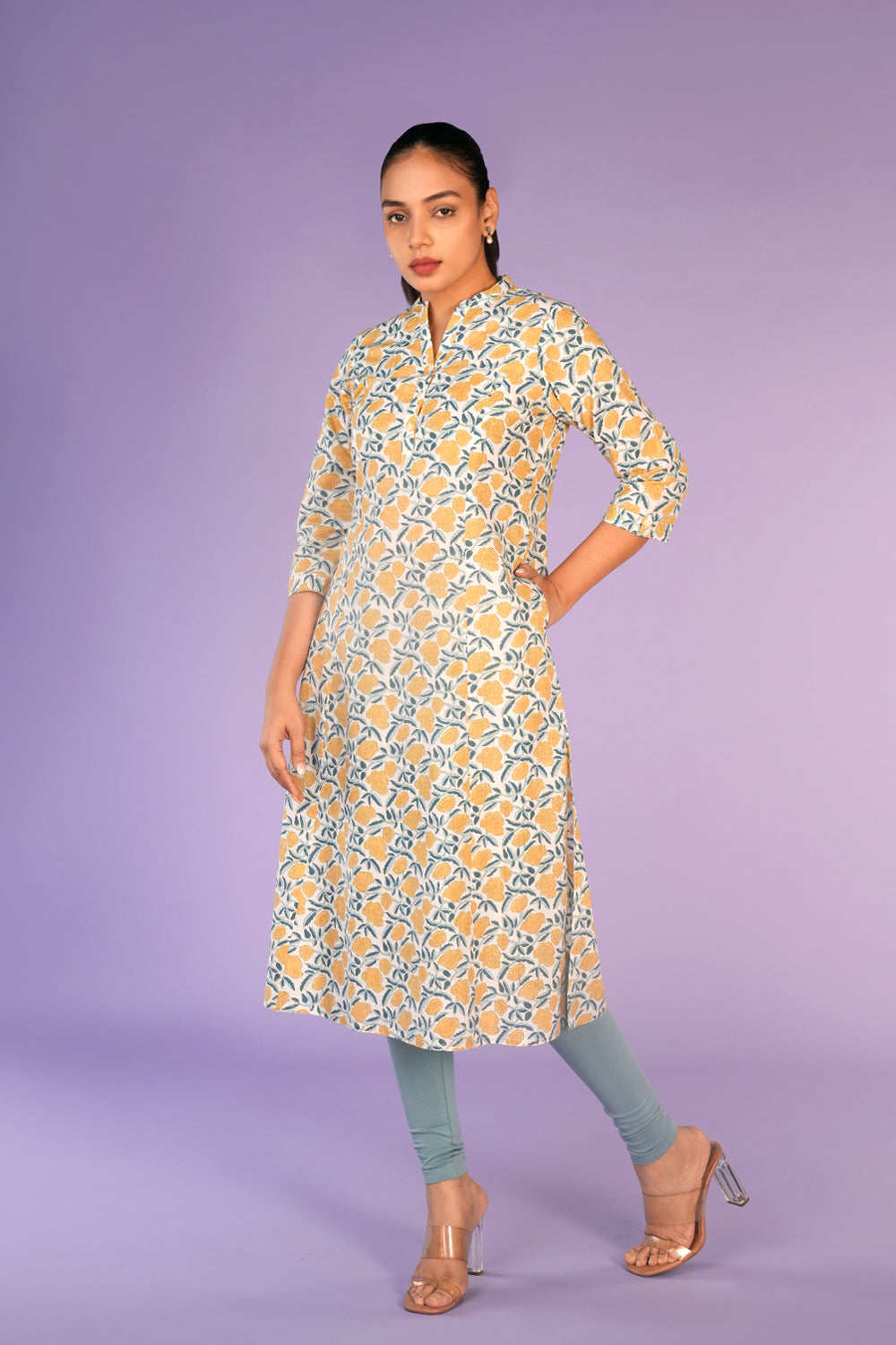 Kalanjali Ethnics Cream and yellow floral hand block printed cotton Kurti - view 2
