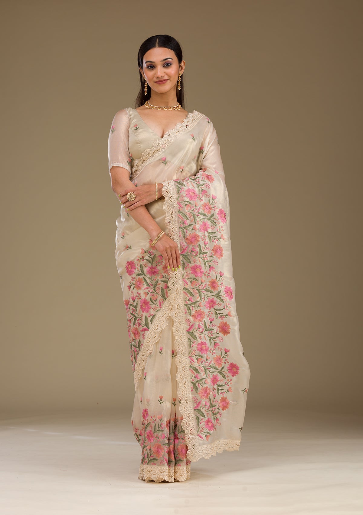 Koskii Cream Threadwork Tissue Saree – Women's - view 6