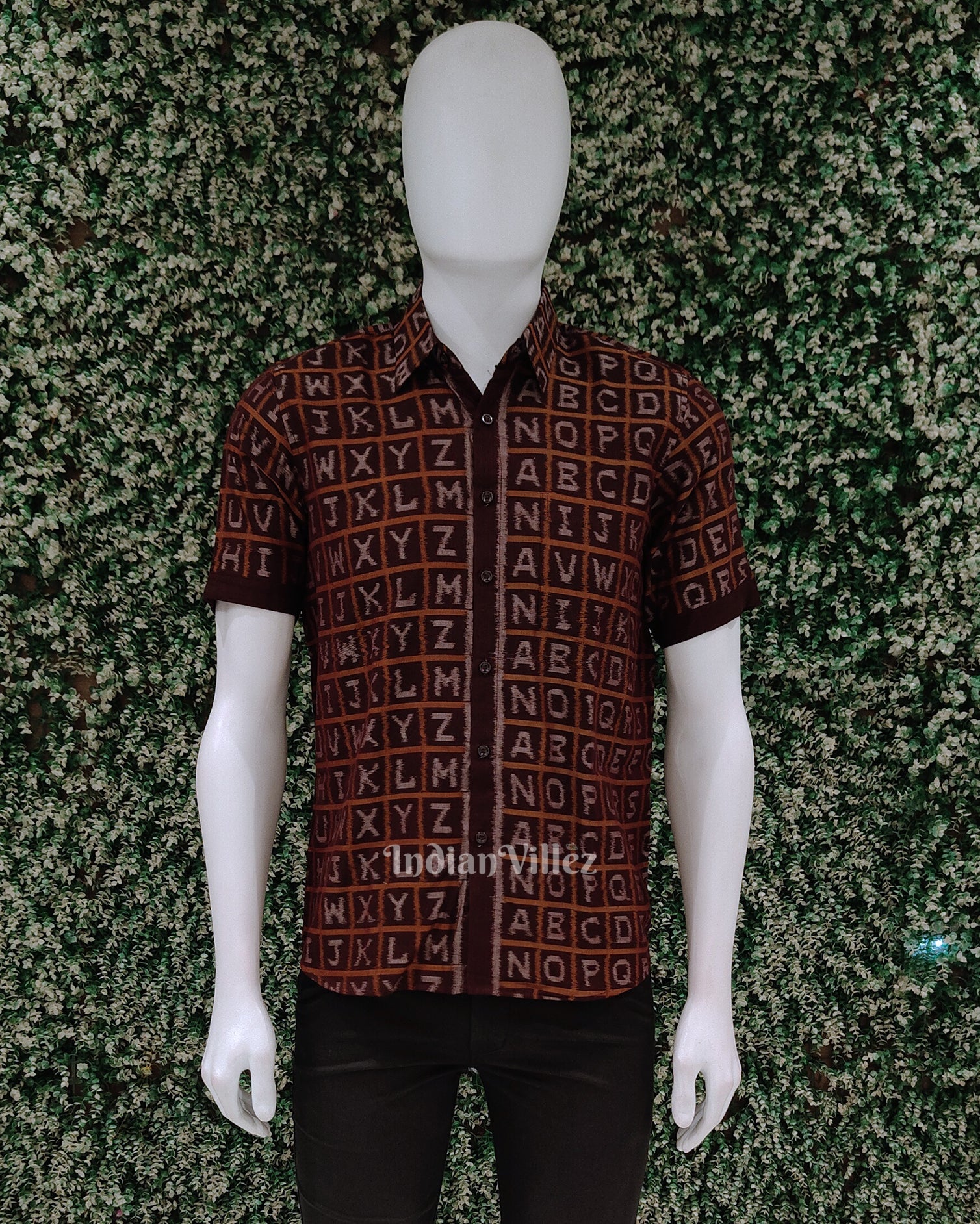 IndianVillèz Coffee English Alphabet Odisha Ikat Cotton Half Sleeve Shirt for Men