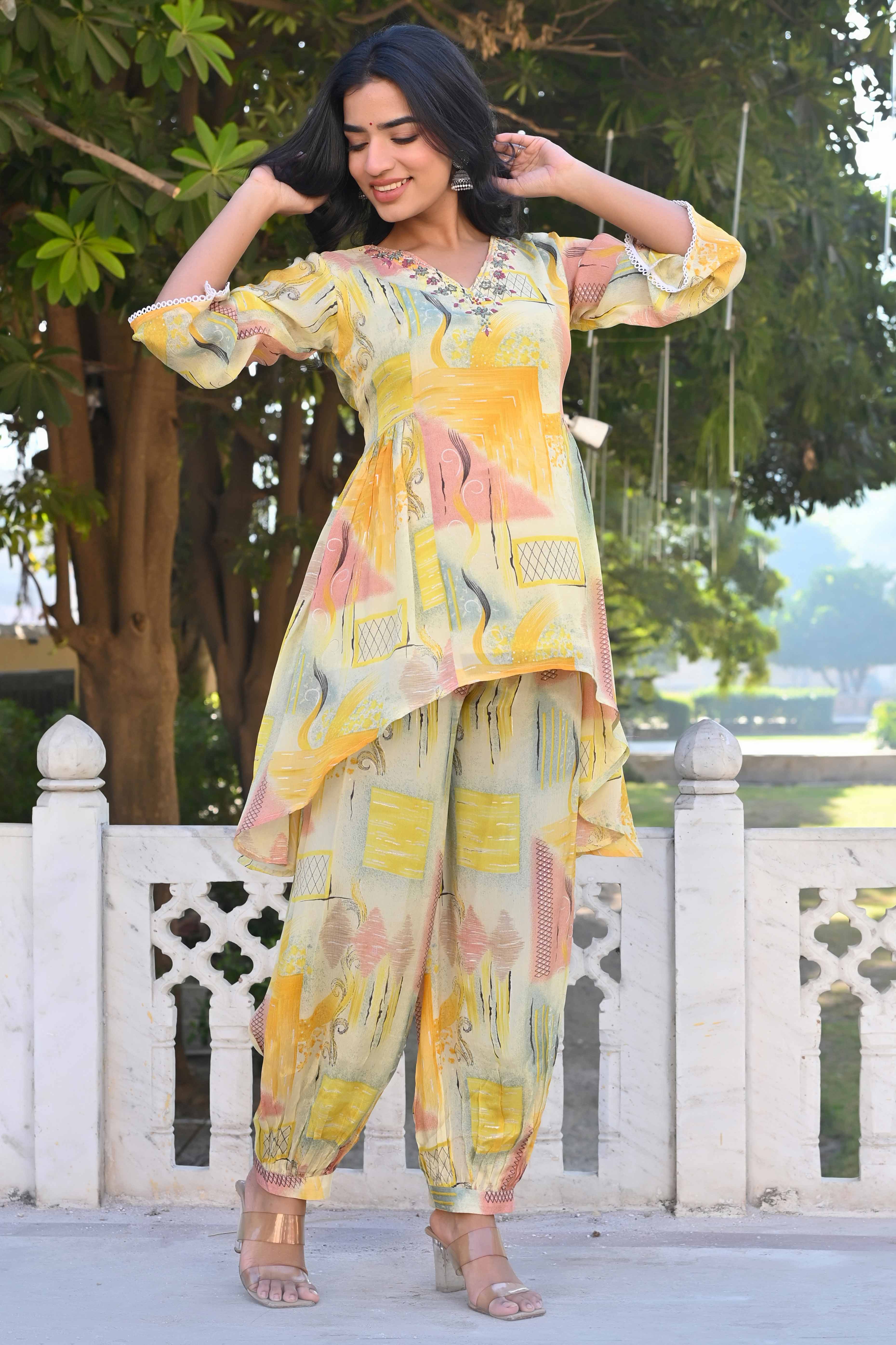 Peachmode Cream & Yellow Printed With Embroidered Pure Chinon A-Line Co-Ord Set