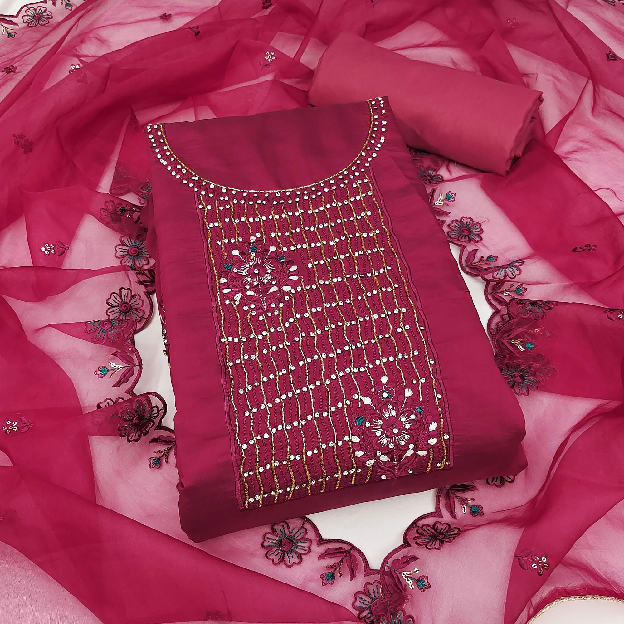 Peachmode Magenta Floral Embroidery With Stonework Cotton Silk Dress Material