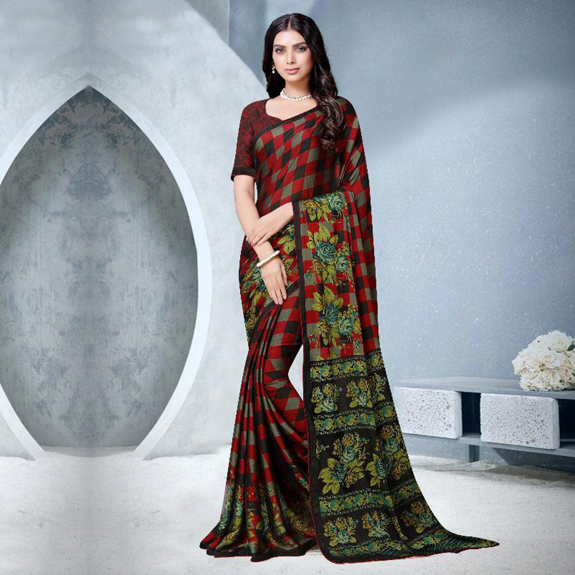 Peachmode Capricious Red Colored Partywear Checkered Printed Chiffon Saree