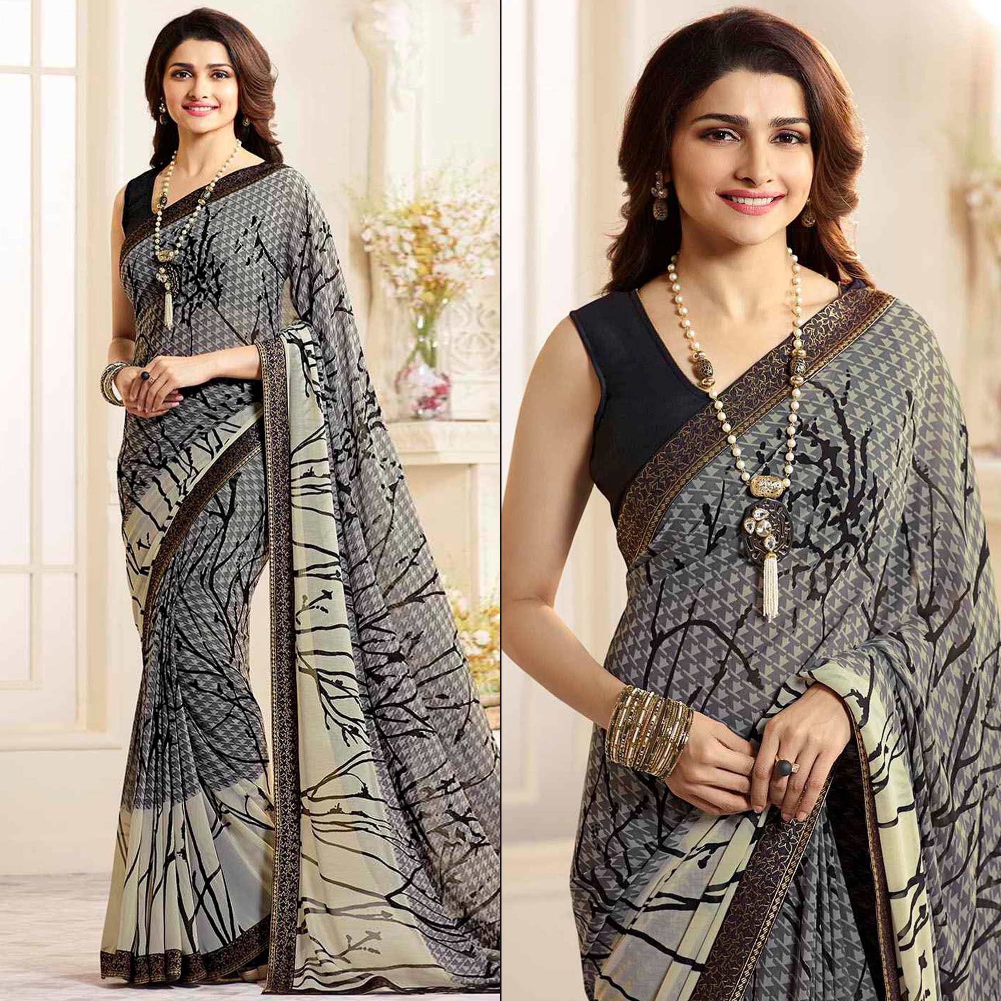 Peachmode Grey Printed Georgette Saree With Lace Border