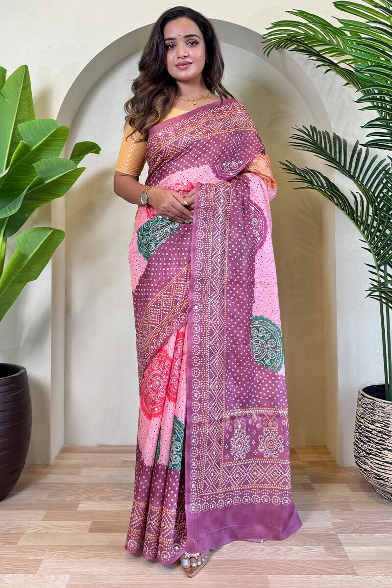 Tasrika Exuberant Baby Pink Digital Printed Tissue Silk Saree With Mesmerising Blouse Piece