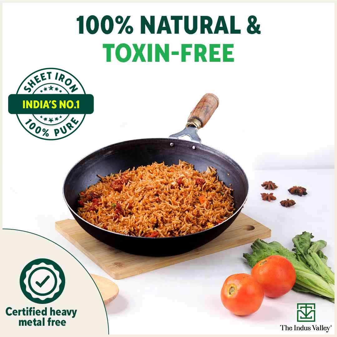 The Indus Valley 100% Pure Iron Wok with Wooden Handle, Toxin-free Sheet Iron, Pre-seasoned, 2.2/4.2L, 1/1.5kg - view 5