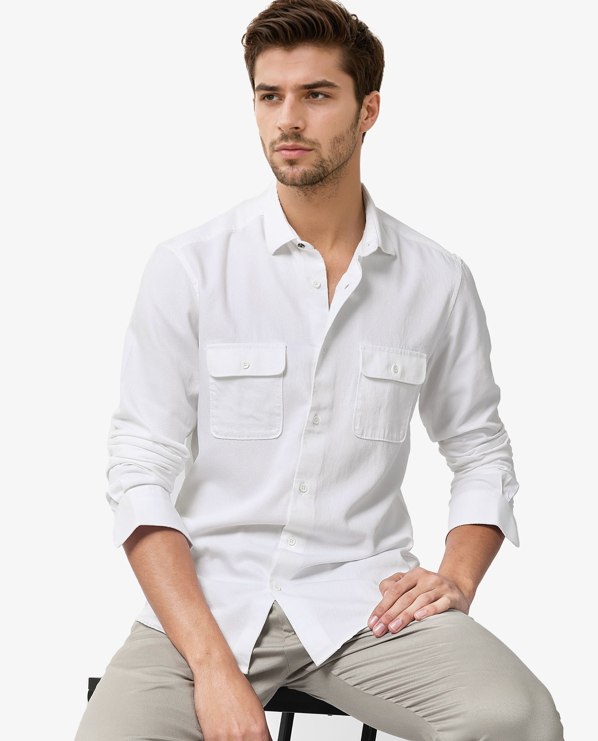 Rare Rabbit Men's Lyton White Cotton Fabric Full Sleeves Solid Twill Shirt