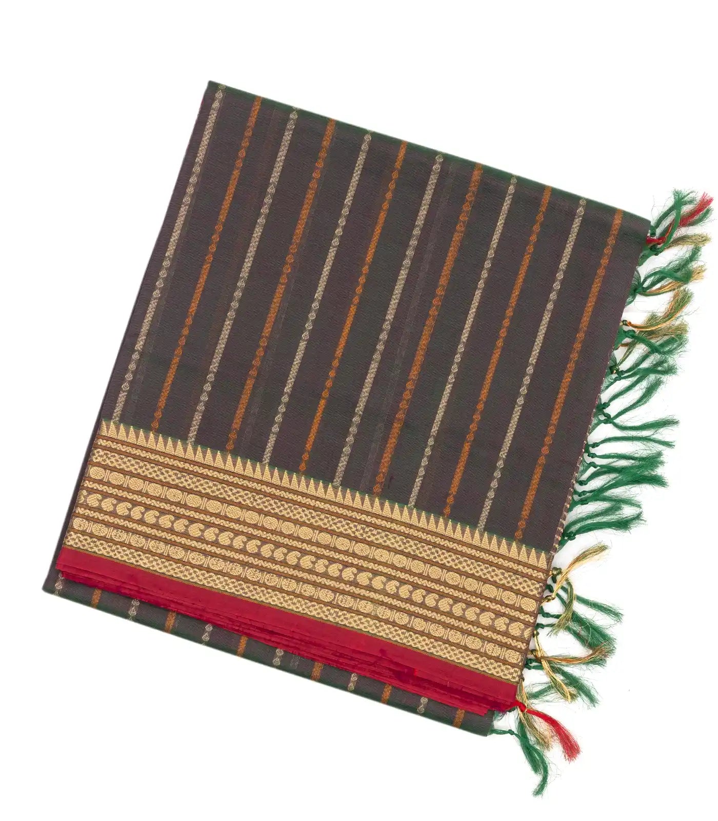 RmKV Dark Grey Handloom Silk Cotton Saree With Stripes & Zari Border