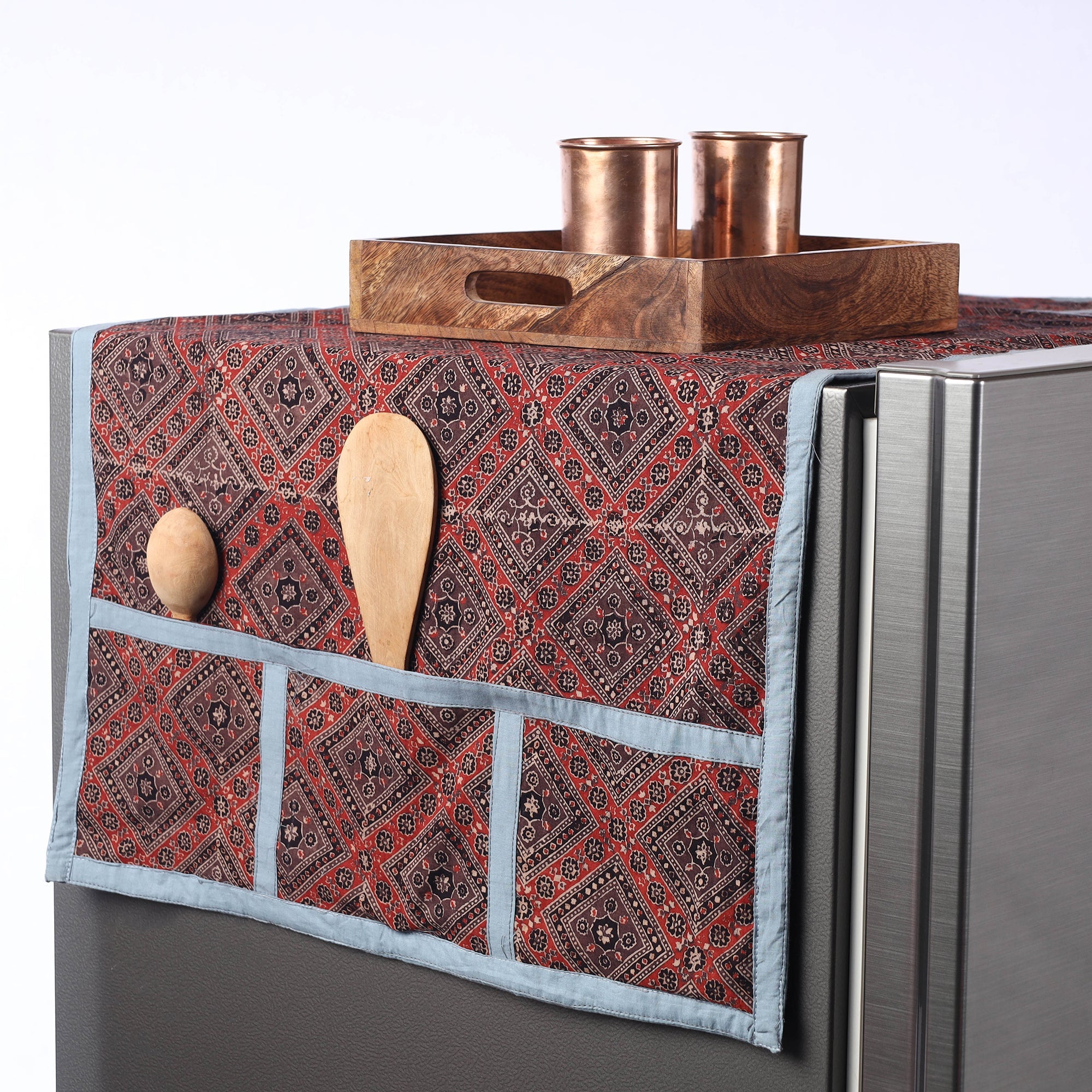 JALPARI Ajrakh Block Printed Cotton Fridge Top Cover with Multiple Pockets