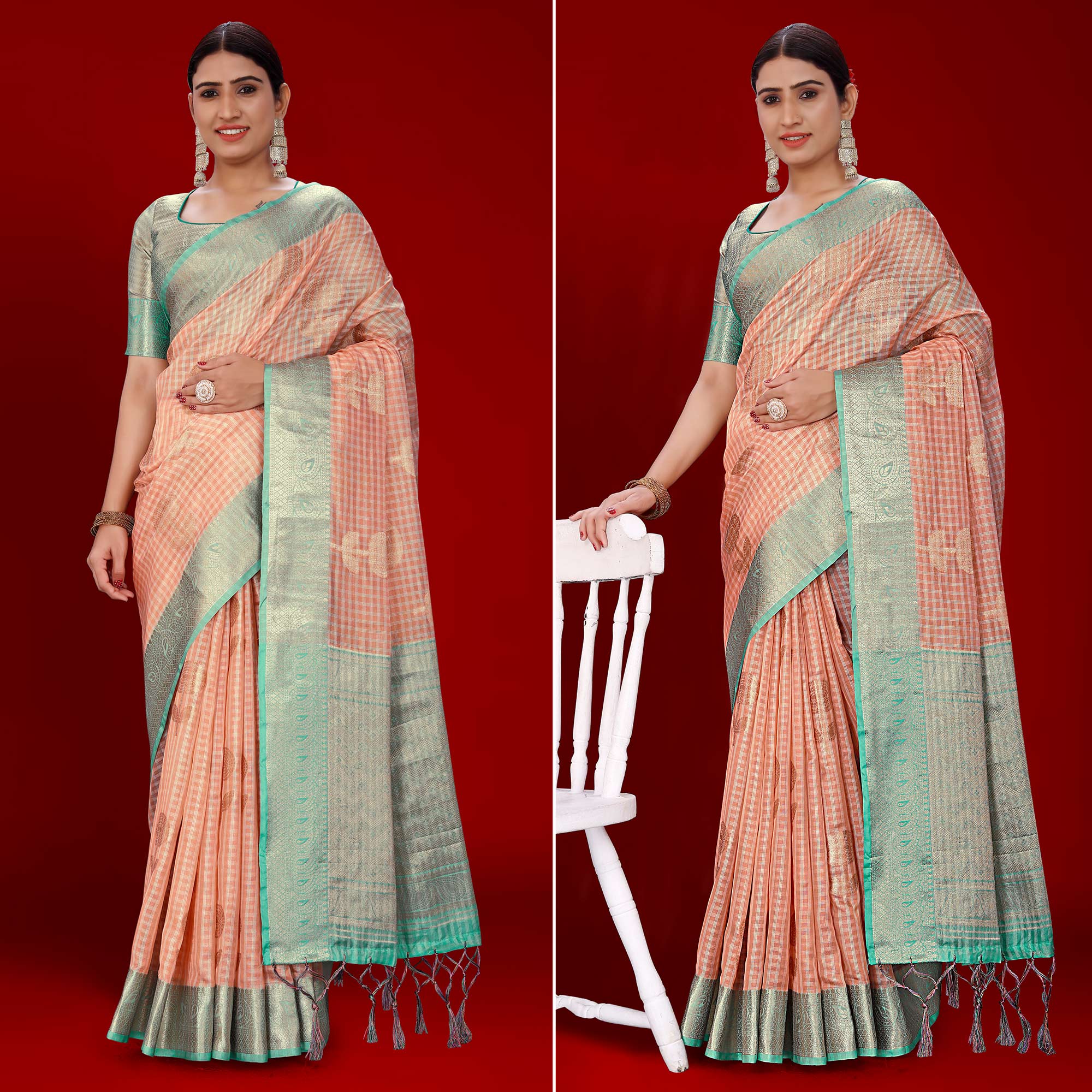 Peachmode Dark Peach Floral Woven Organza Saree With Tassels