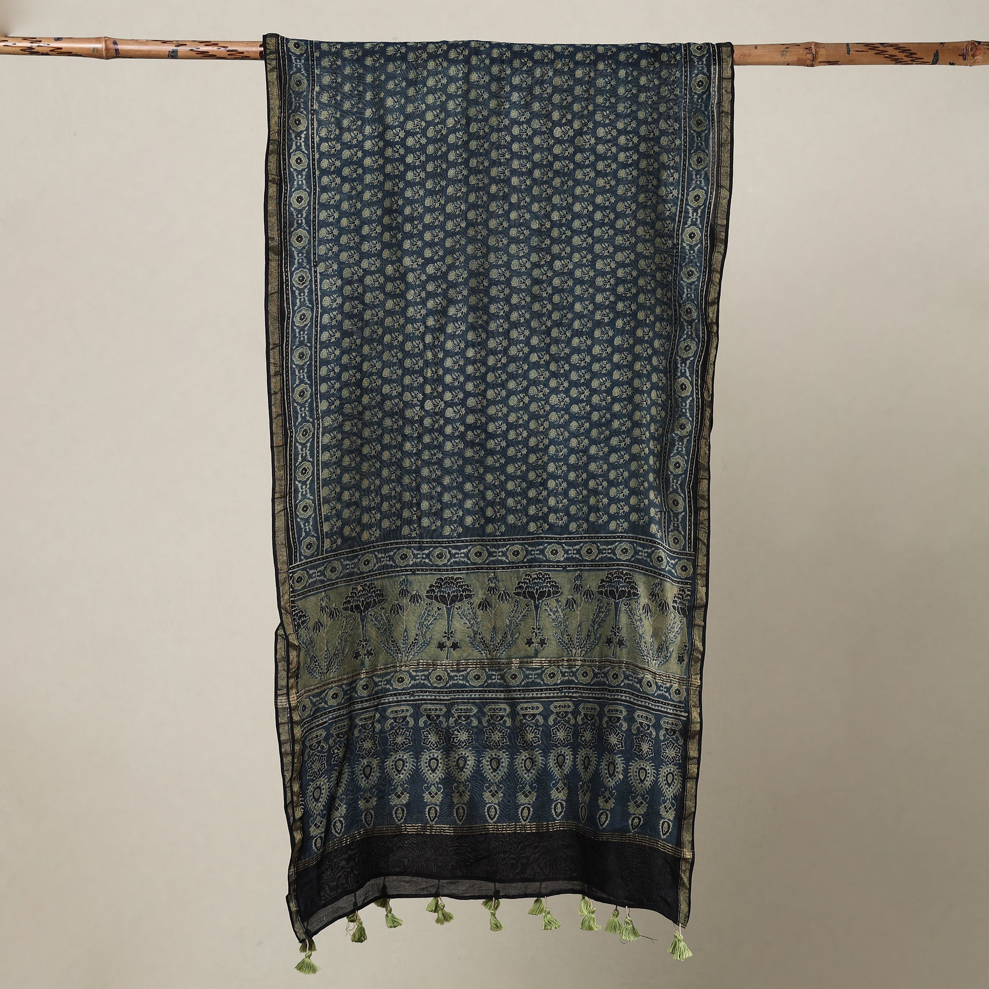 AJRAKH BY SUFIYAN ISMAIL KHATRI Blue - Ajrakh Hand Block Printed Chanderi Silk Handloom Stole with Tassels - view 2