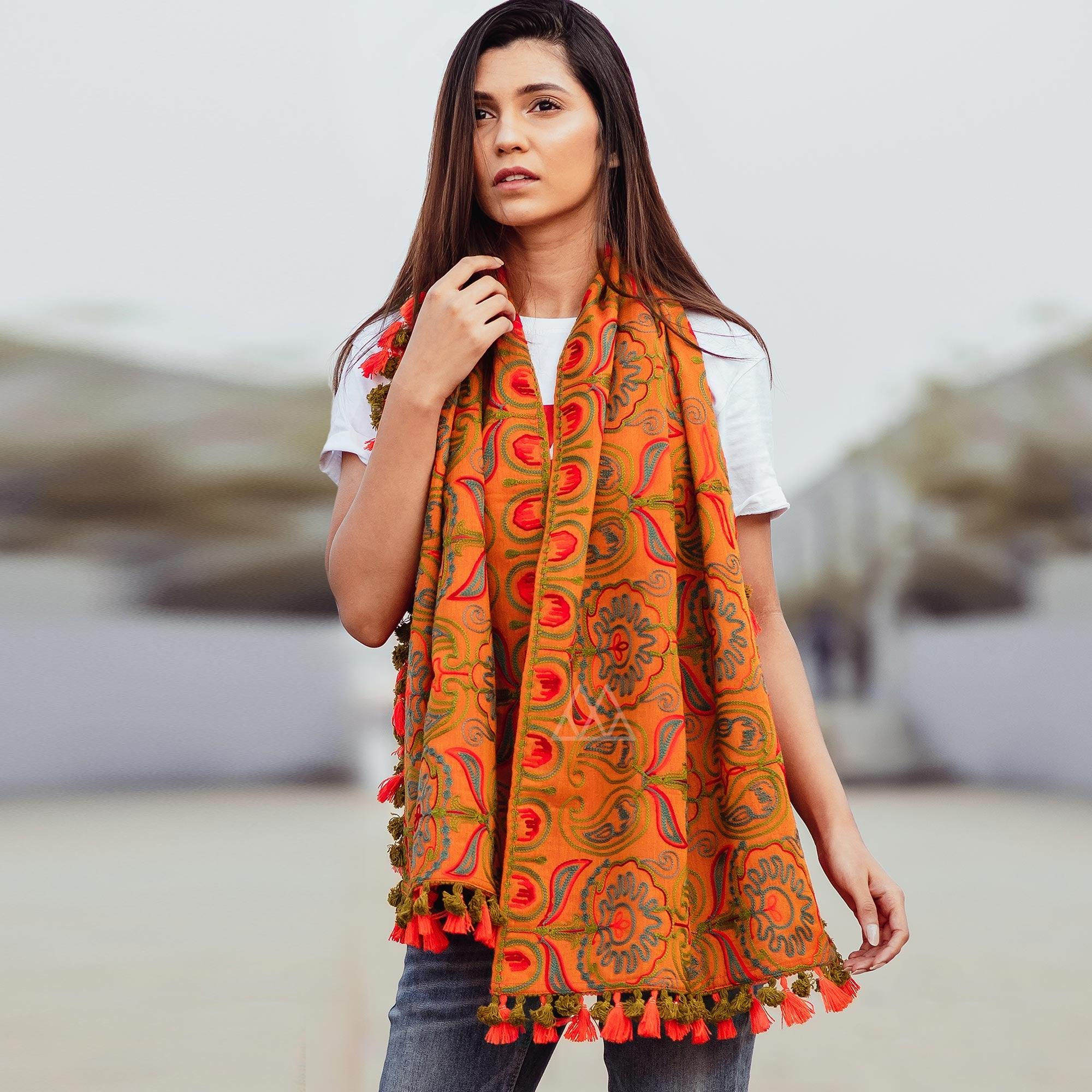 Peachmode Engrossing Orange Colored Embroidered Khadi Muffler Stole