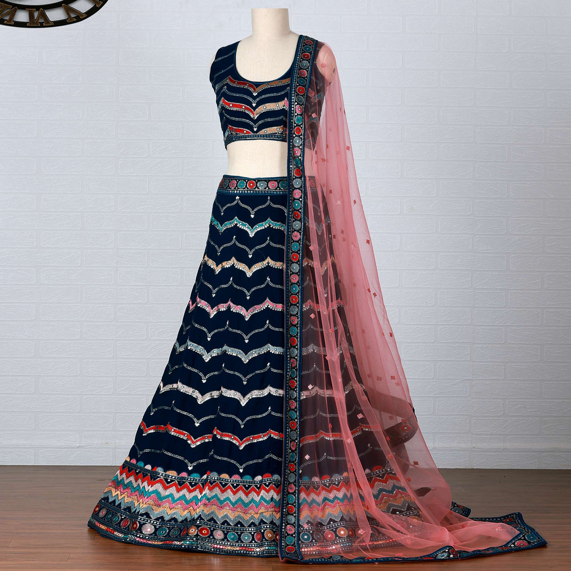 Peachmode Dark Blue Sequins Embroidered Georgette Lehenga Choli