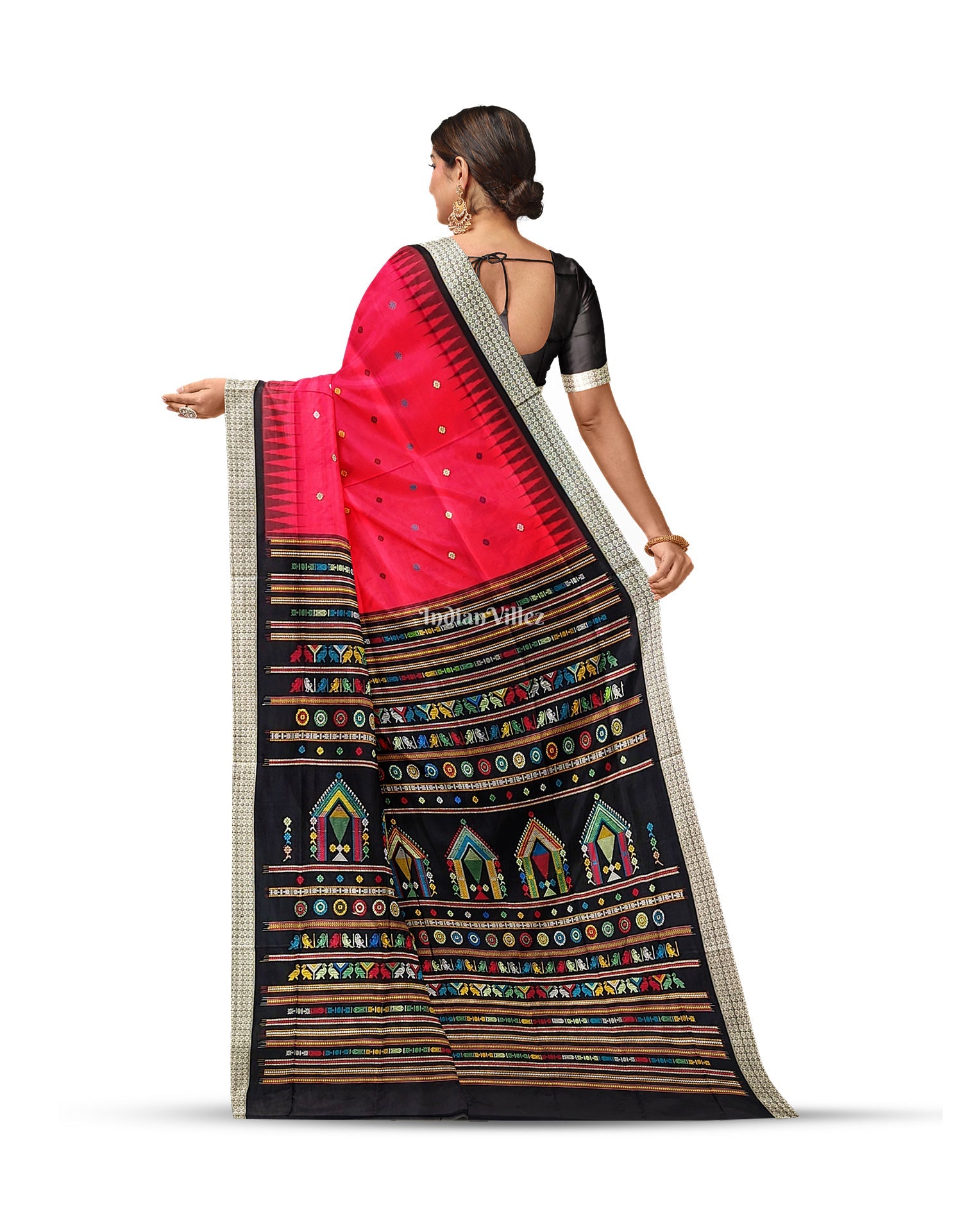 IndianVillèz Red Black Dolabedi Sambalpuri Bomkai Silk Saree - view 2