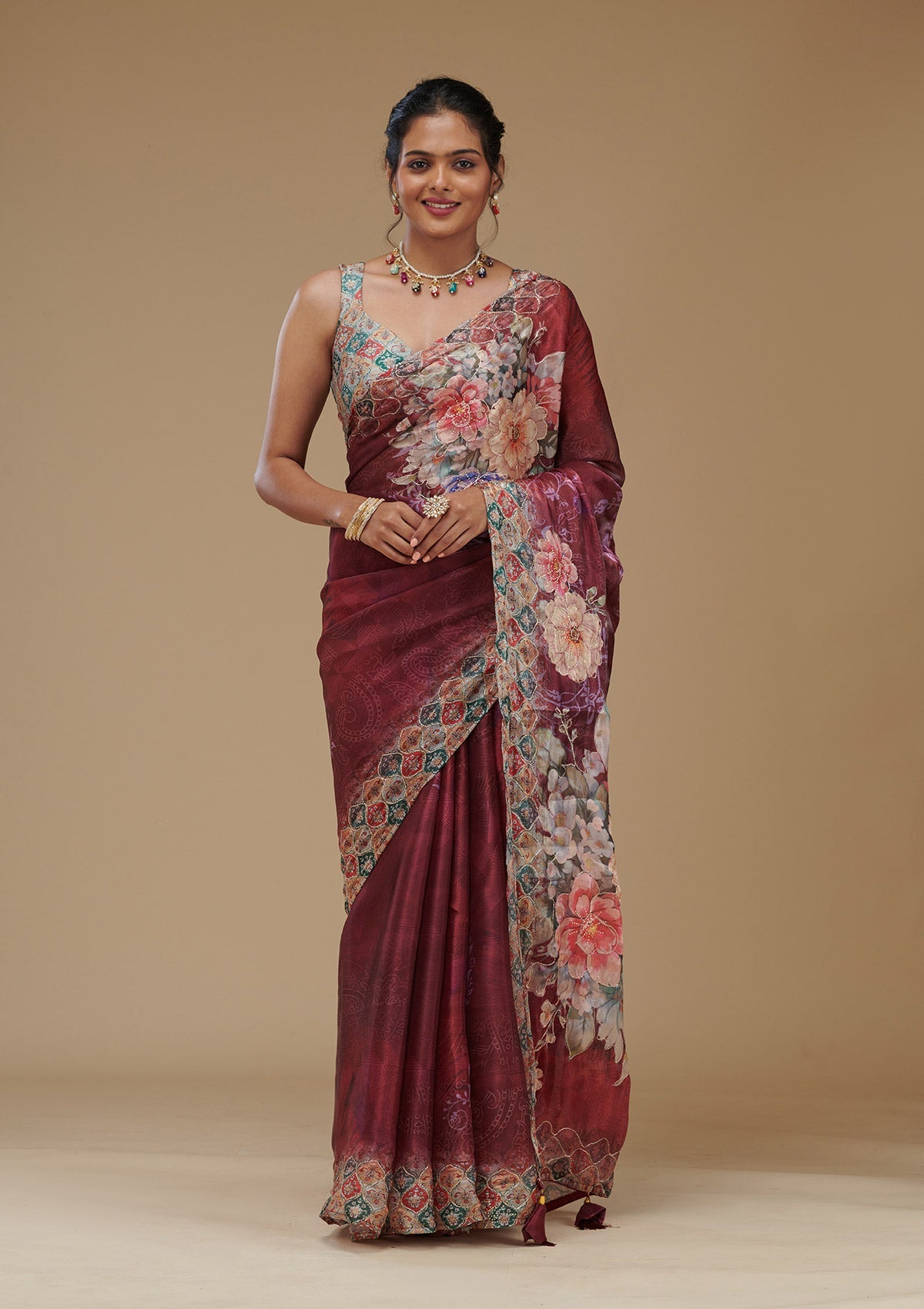 Koskii Wine Printed Tissue Saree – Women's