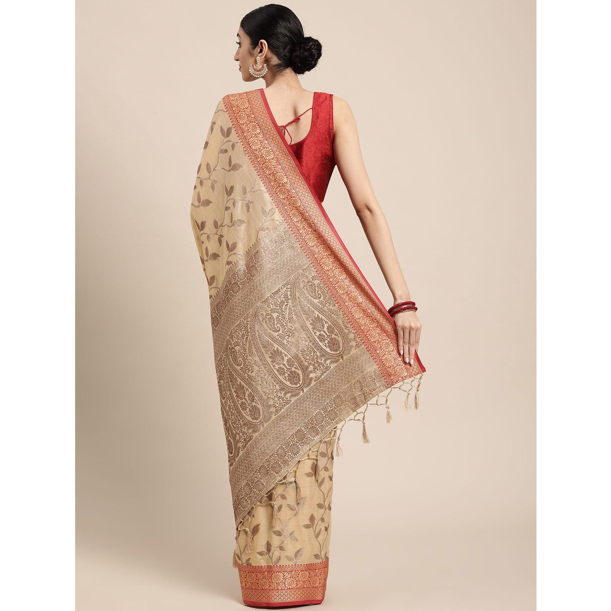Peachmode Chikoo Woven Cotton Silk Saree With Tassels - view 5