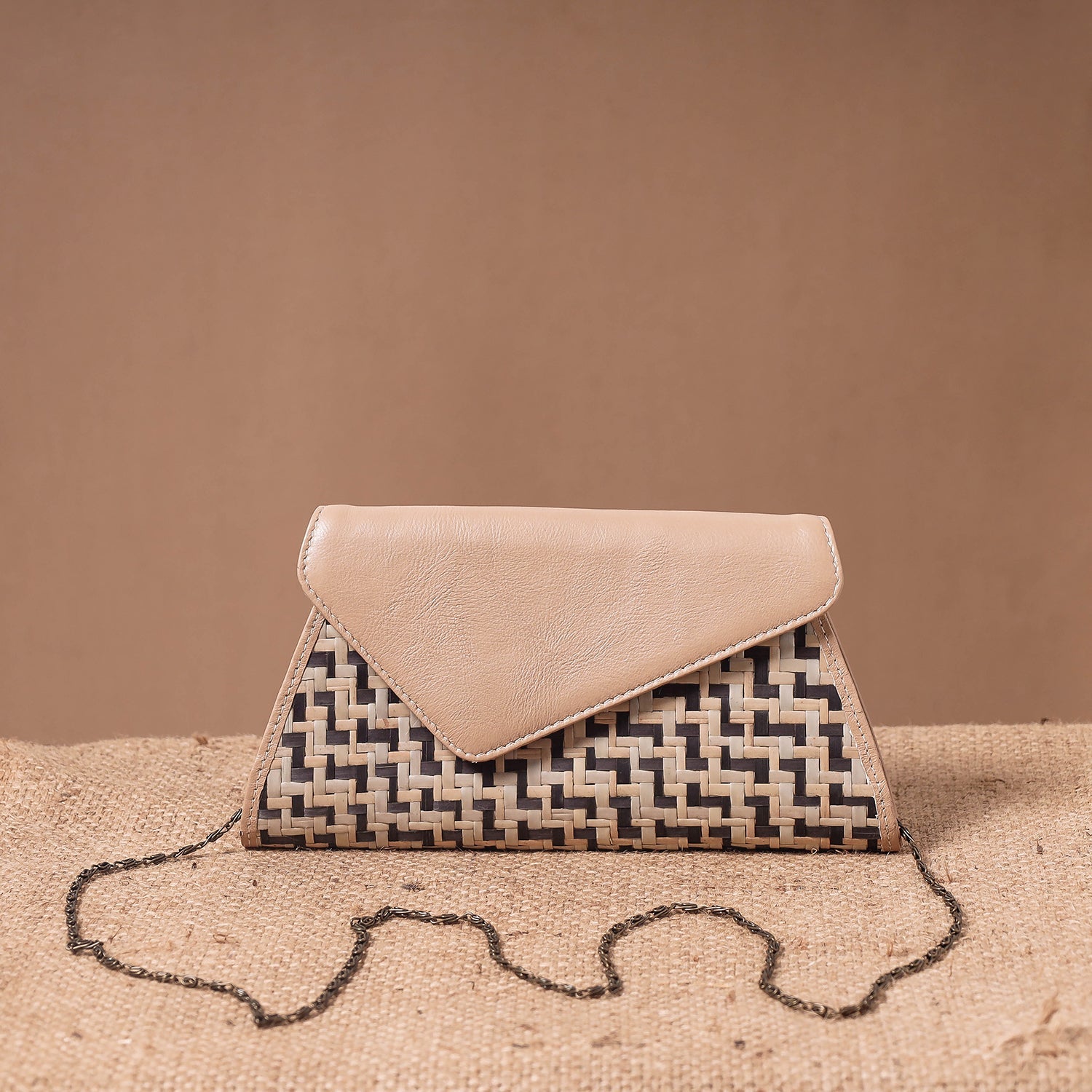 RED GRASS Beige - Sitalpati शीतल पाटी Grass Handwoven Sling Bag with Leather Flap
