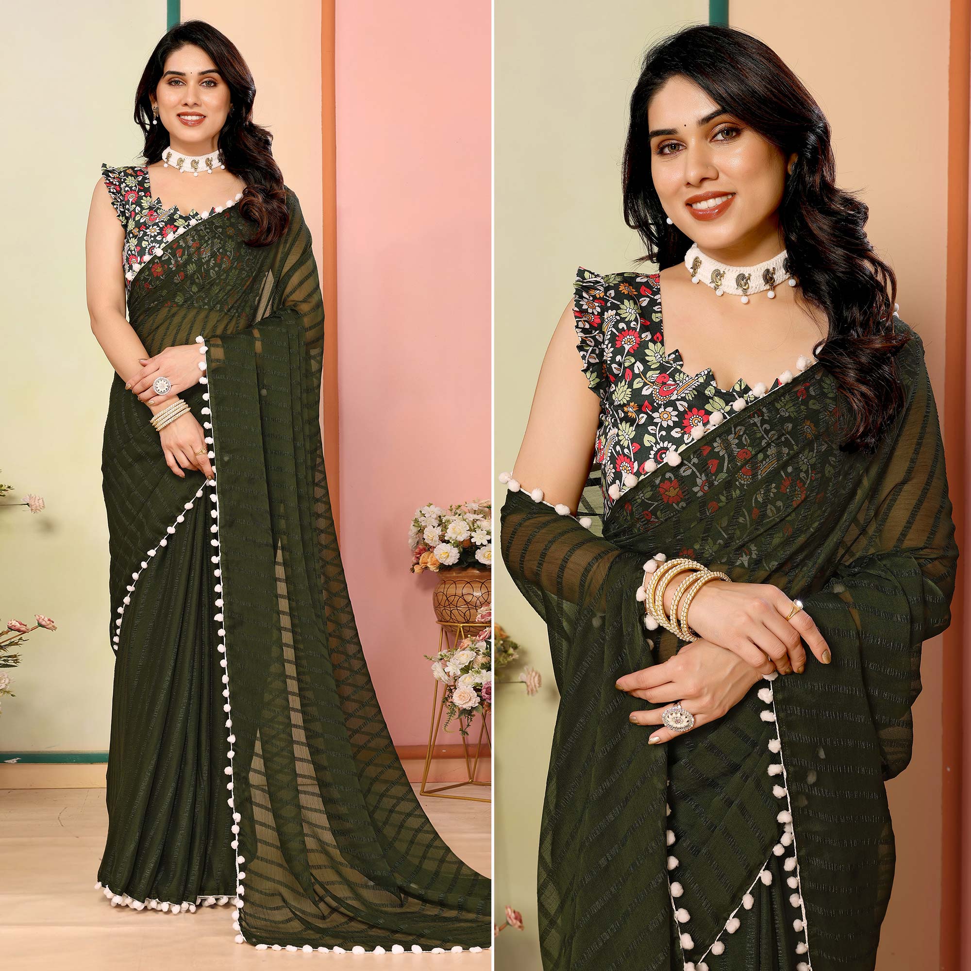 Peachmode Mehandi Green Woven Striped Pattern Georgette Saree