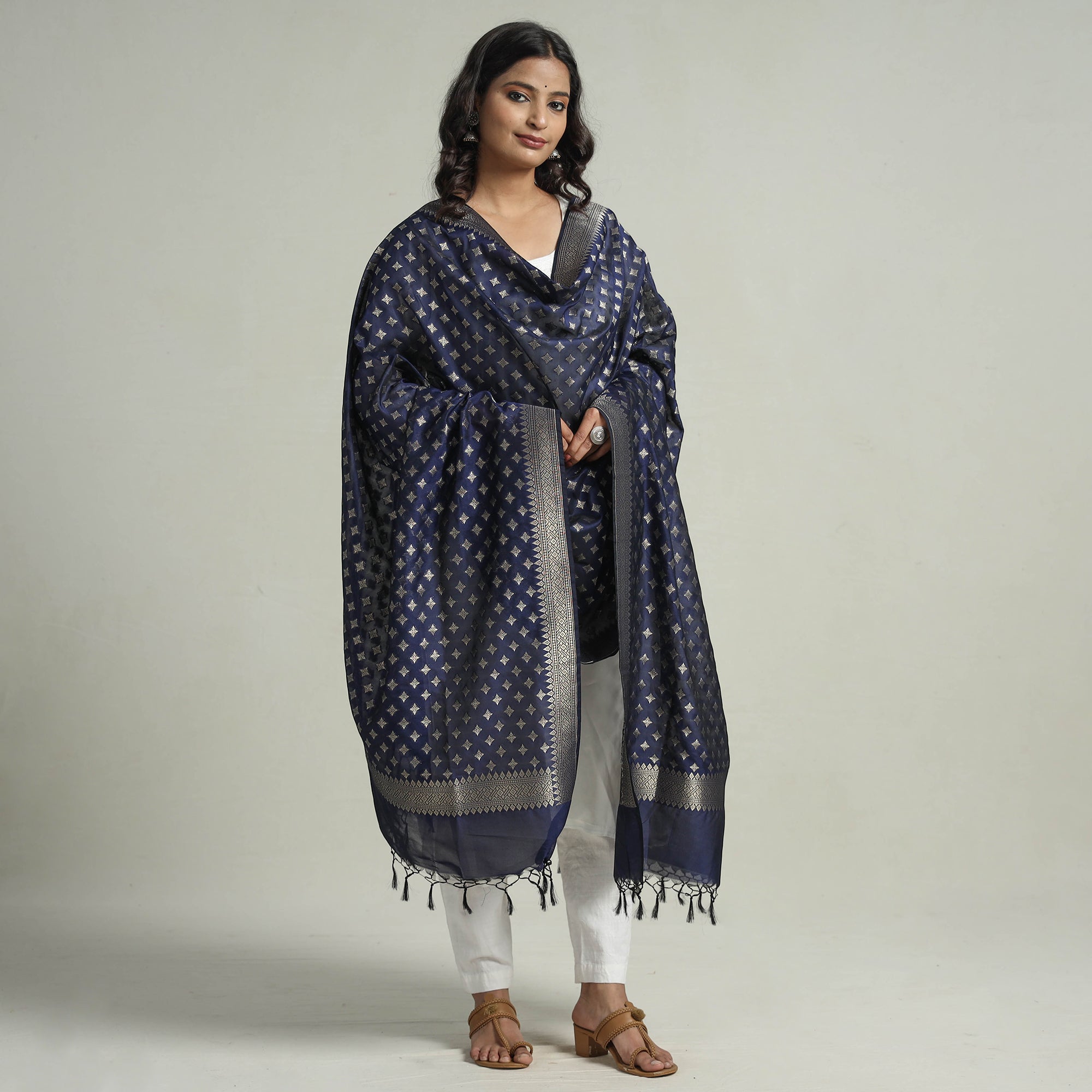 BANARASI BY MAQBUL HASAN Blue - Banarasi Semi Silk Zari Jaal Dupatta with Tassels 29 - view 2
