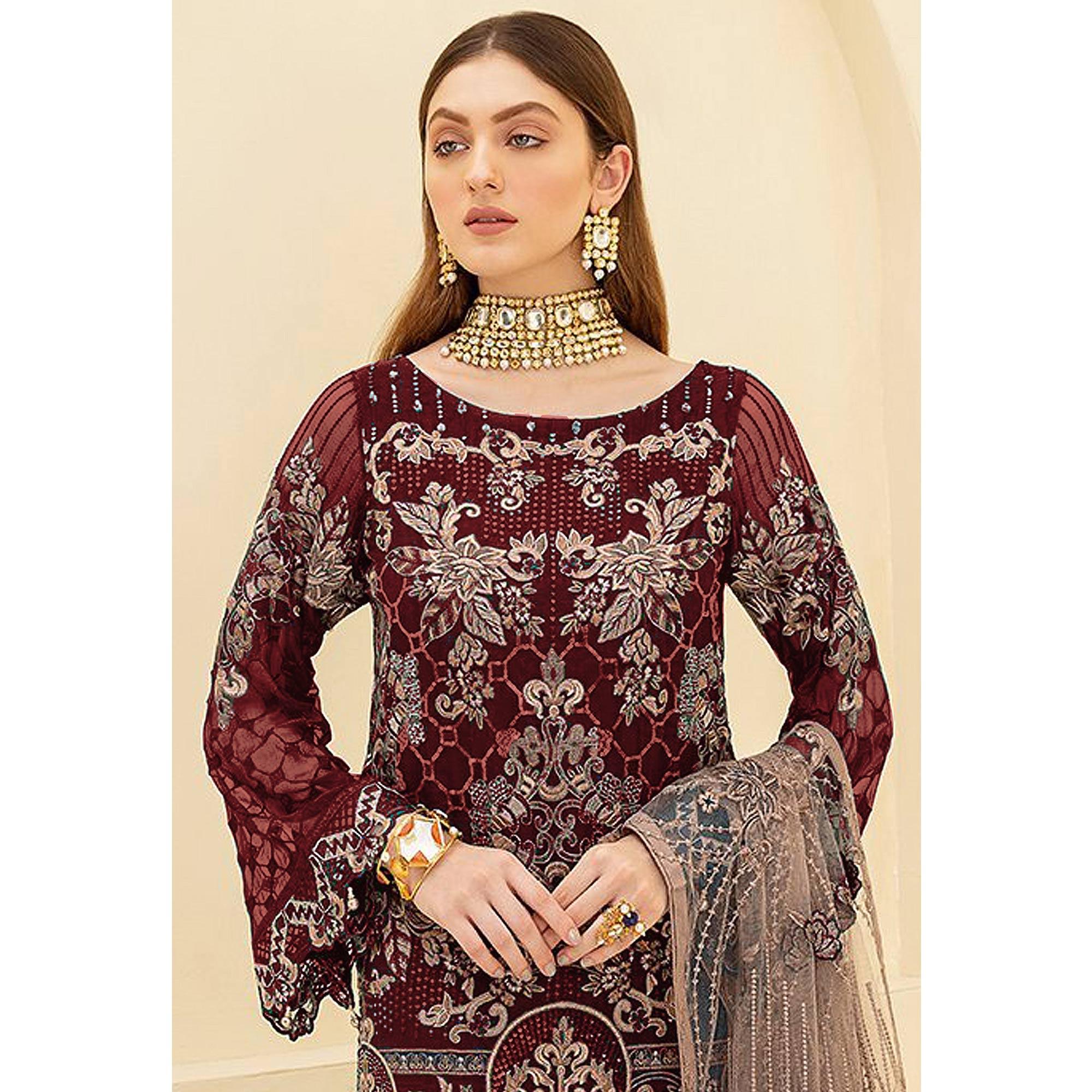 Peachmode Maroon Embroidered Georgette Pakistani Suit - view 4